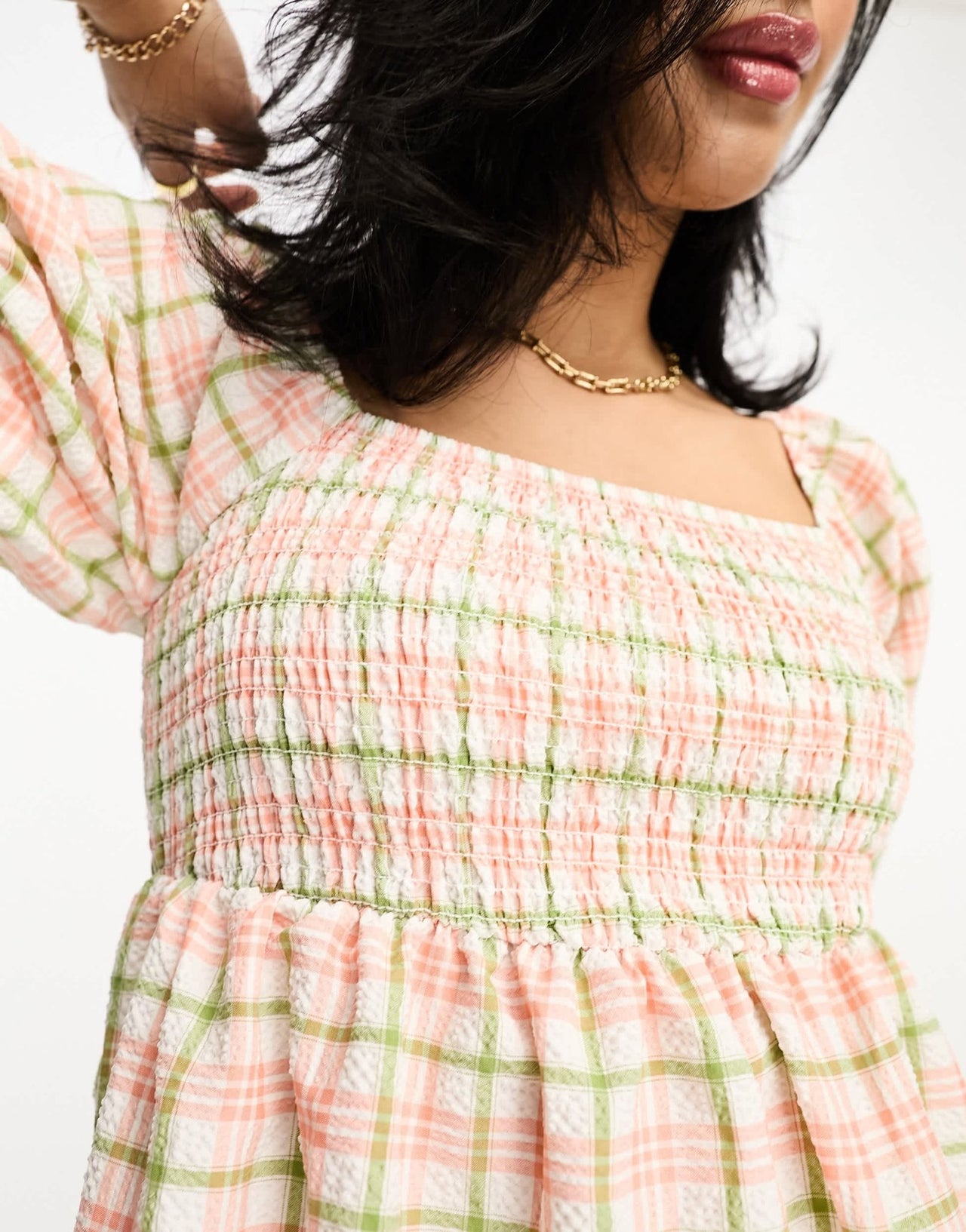 Lola May shirred puff sleeve midi smock dress in pink check - ASOS Sample Sale