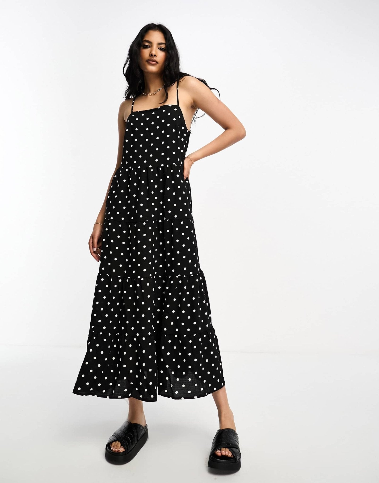 Lola May square neck trapeze midi dress in black polka dot - ASOS Sample Sale