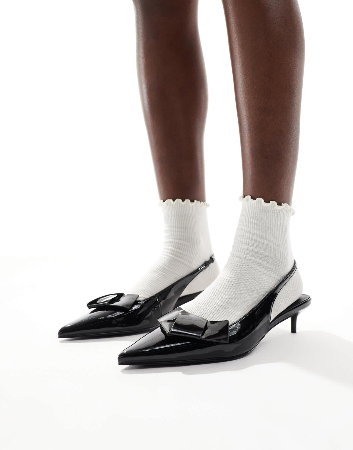 London Rebel bow detail sling back kitten heels in patent black - ASOS Sample Sale