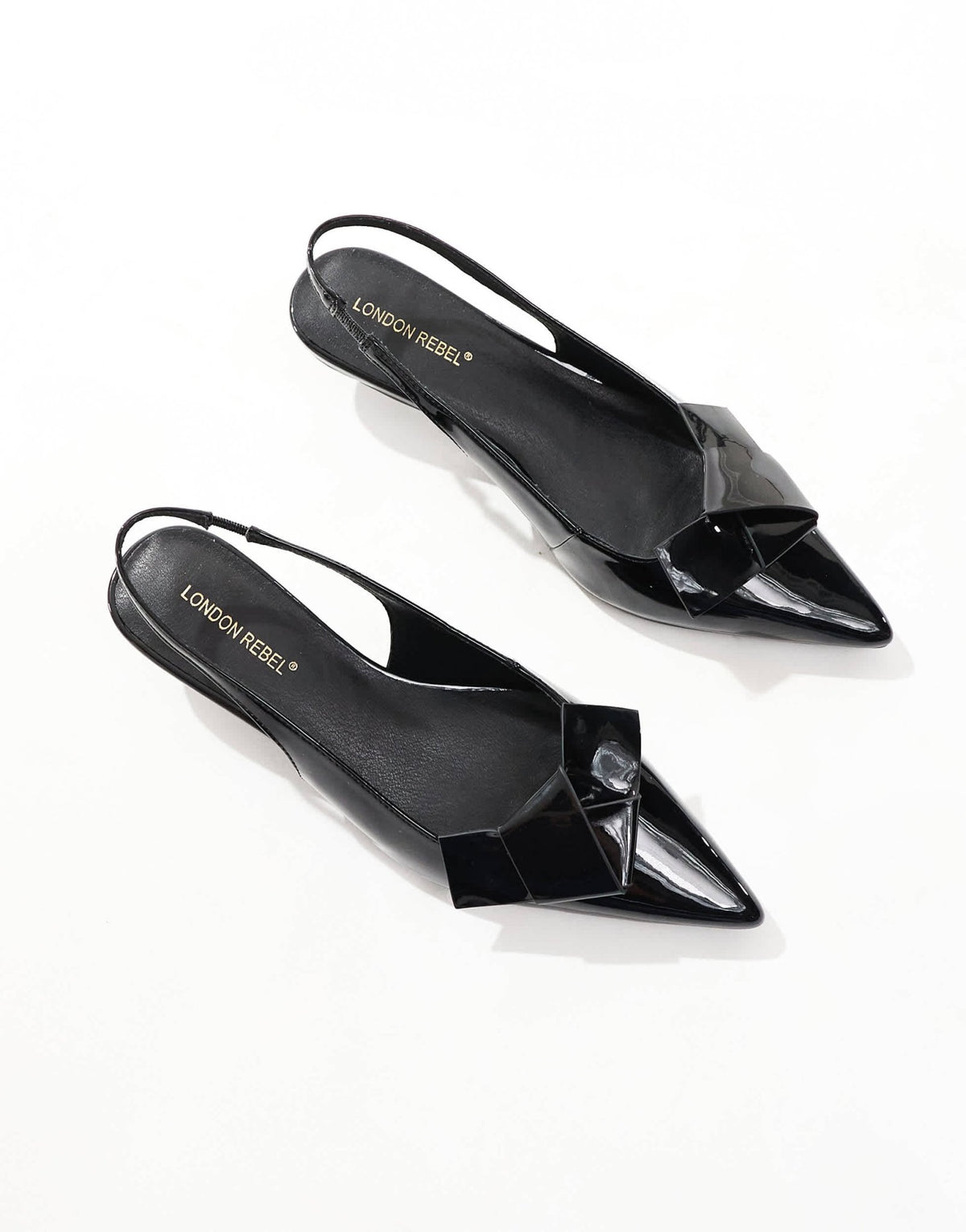 London Rebel bow detail sling back kitten heels in patent black - ASOS Sample Sale