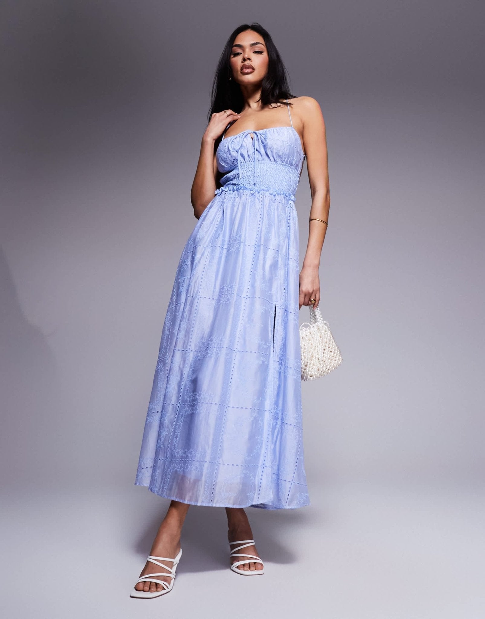 Love Triangle embroidered midaxi dress with shirred waist and lace up back in blue - ASOS Sample Sale