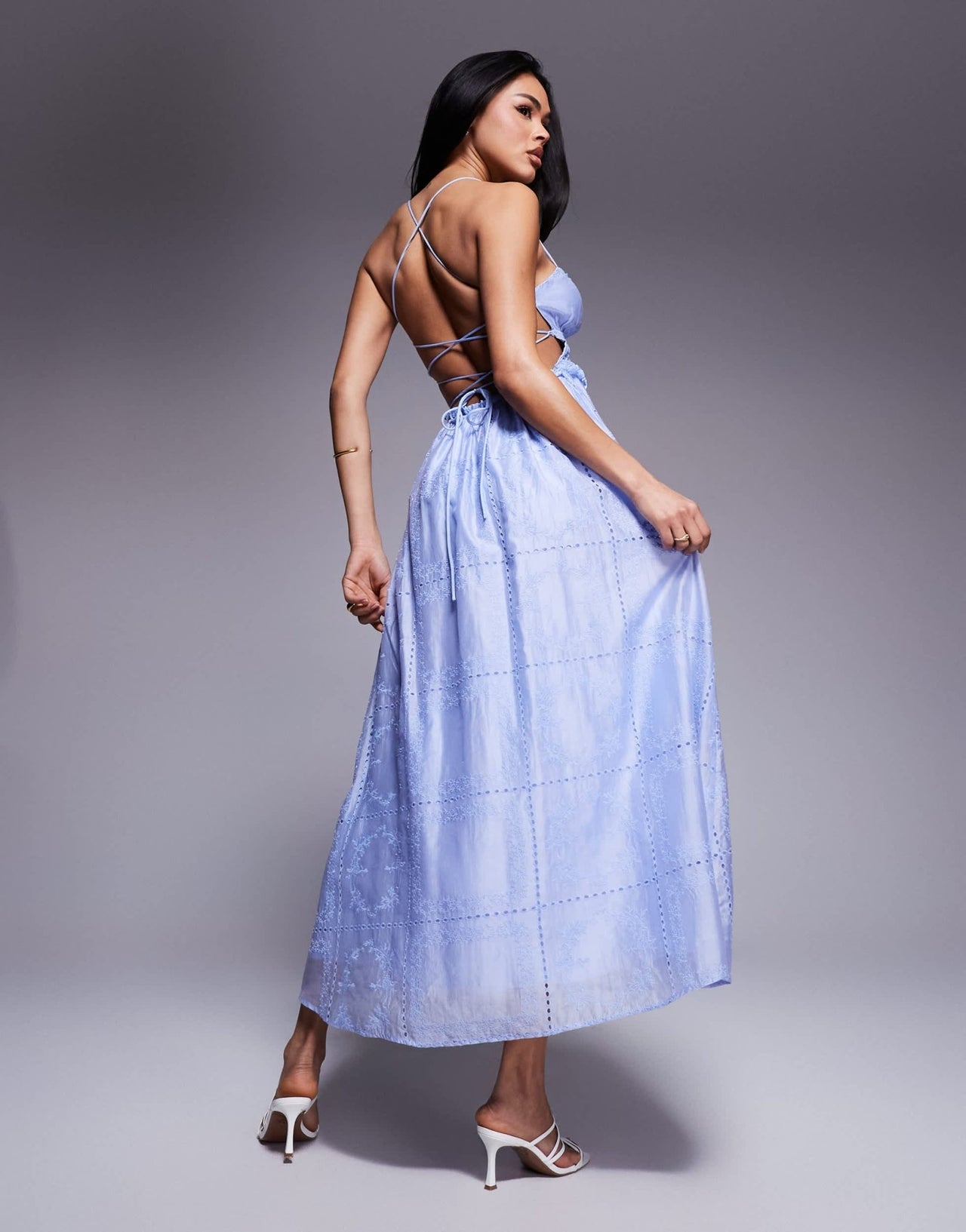 Love Triangle embroidered midaxi dress with shirred waist and lace up back in blue - ASOS Sample Sale
