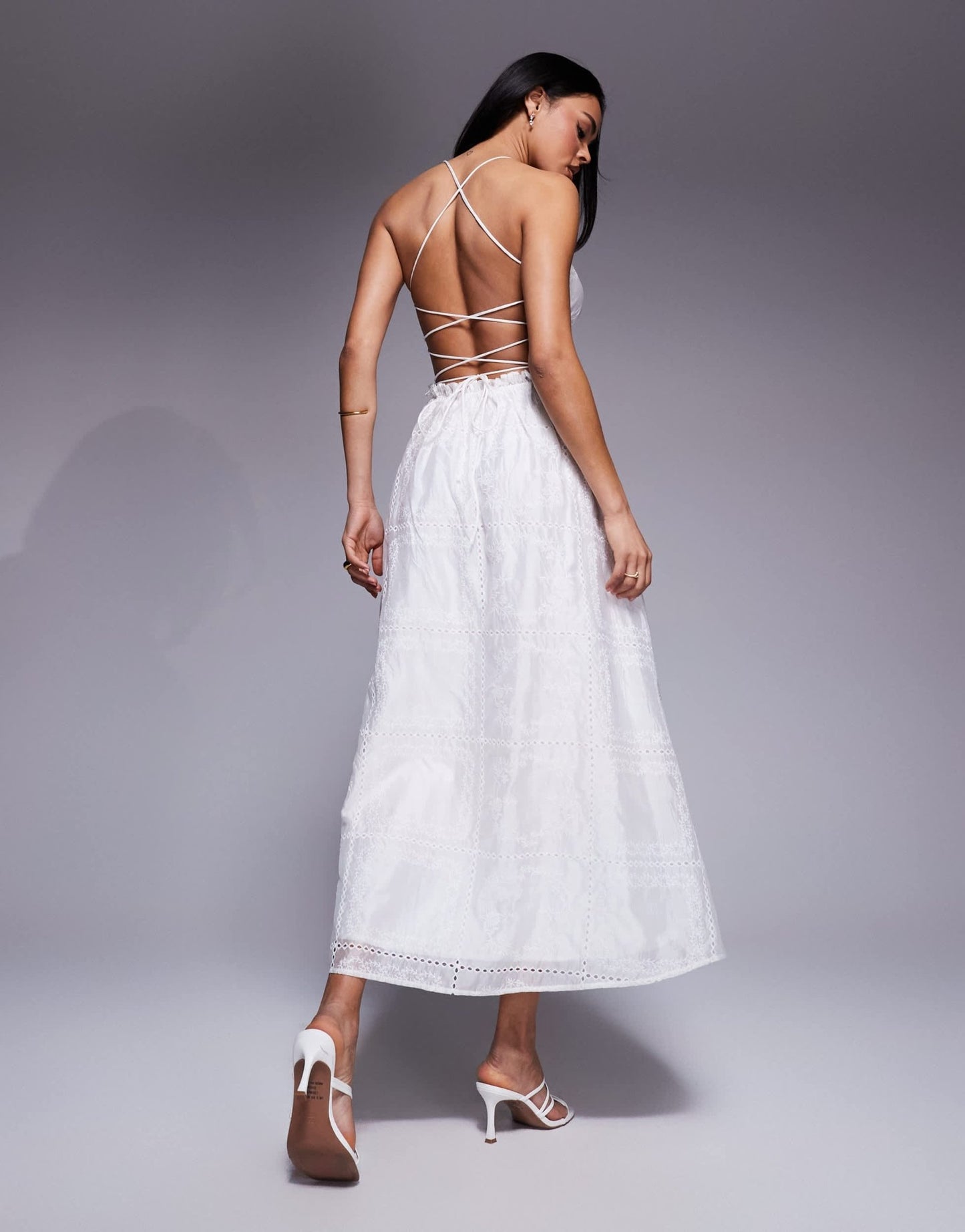 Love Triangle embroidered midaxi dress with shirred waist and lace up back in white - ASOS Sample Sale
