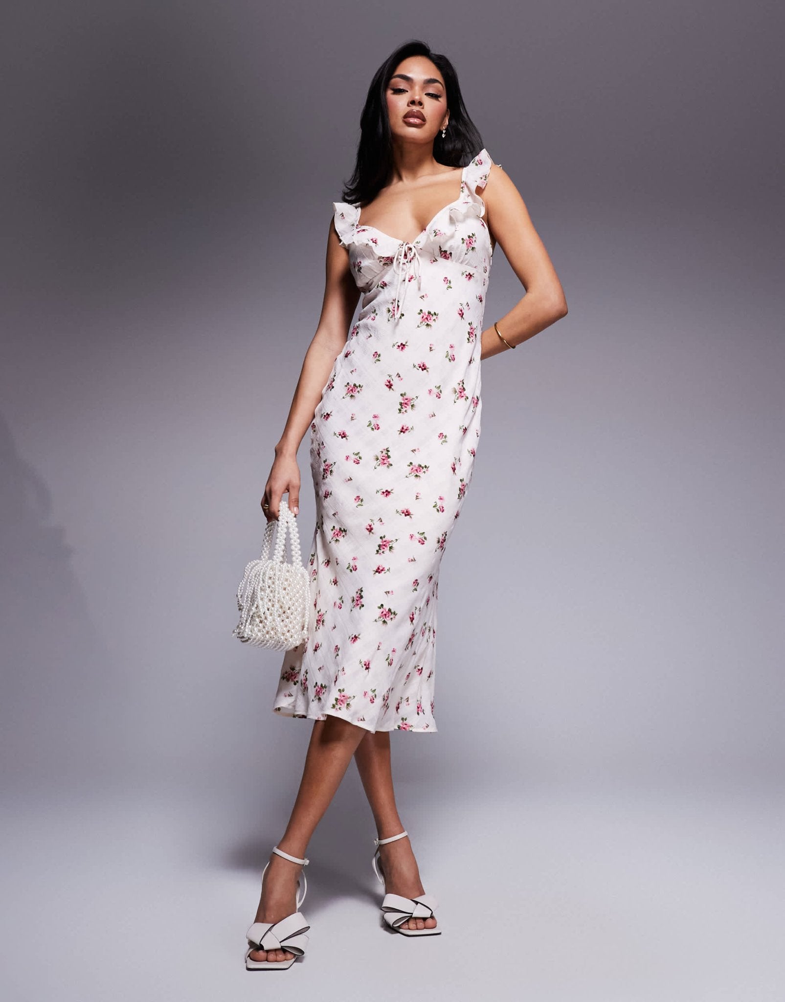 Love Triangle frill v - neck midi dress in textured floral check - ASOS Sample Sale