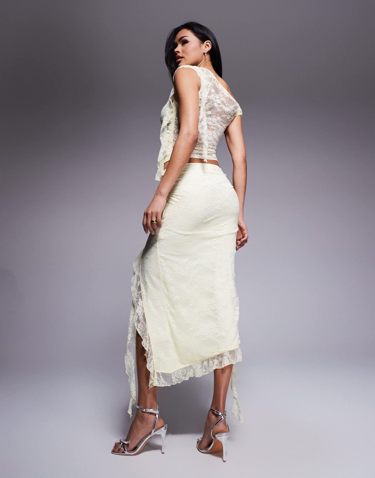 Love Triangle lace asymmetric midaxi skirt co-ord in lemon - ASOS Sample Sale