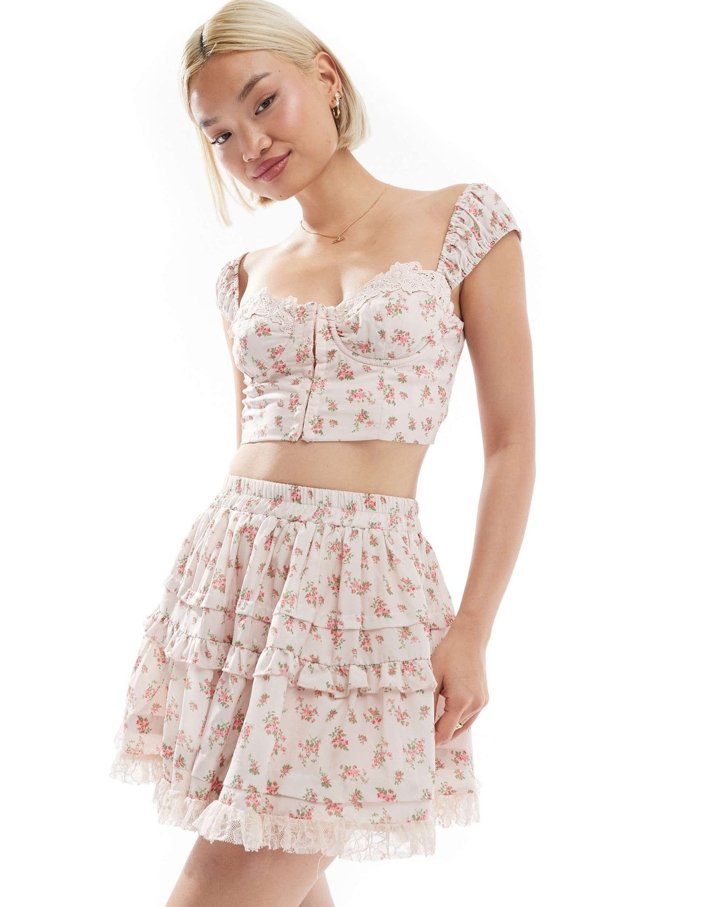 Love Triangle lace trim corset crop top co - ord in pink floral - ASOS Sample Sale