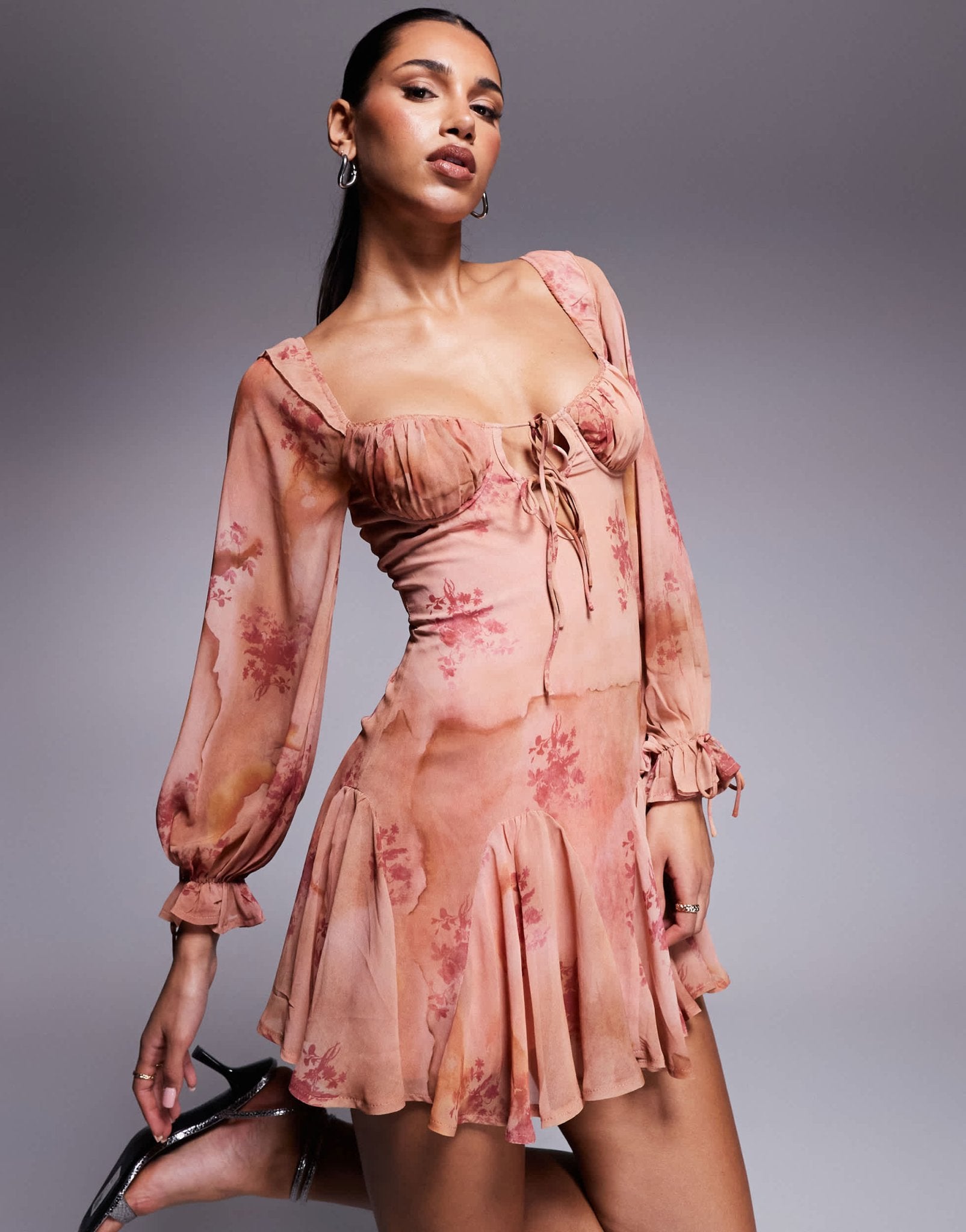 Love Triangle milkmaid mini dress with tie detail in apricot floral - ASOS Sample Sale