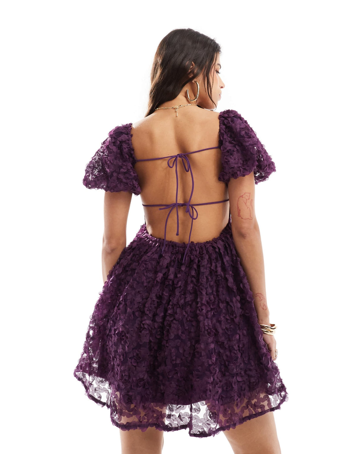 Love Triangle mini prom skater dress with tie back in 3D floral in plum - ASOS Sample Sale