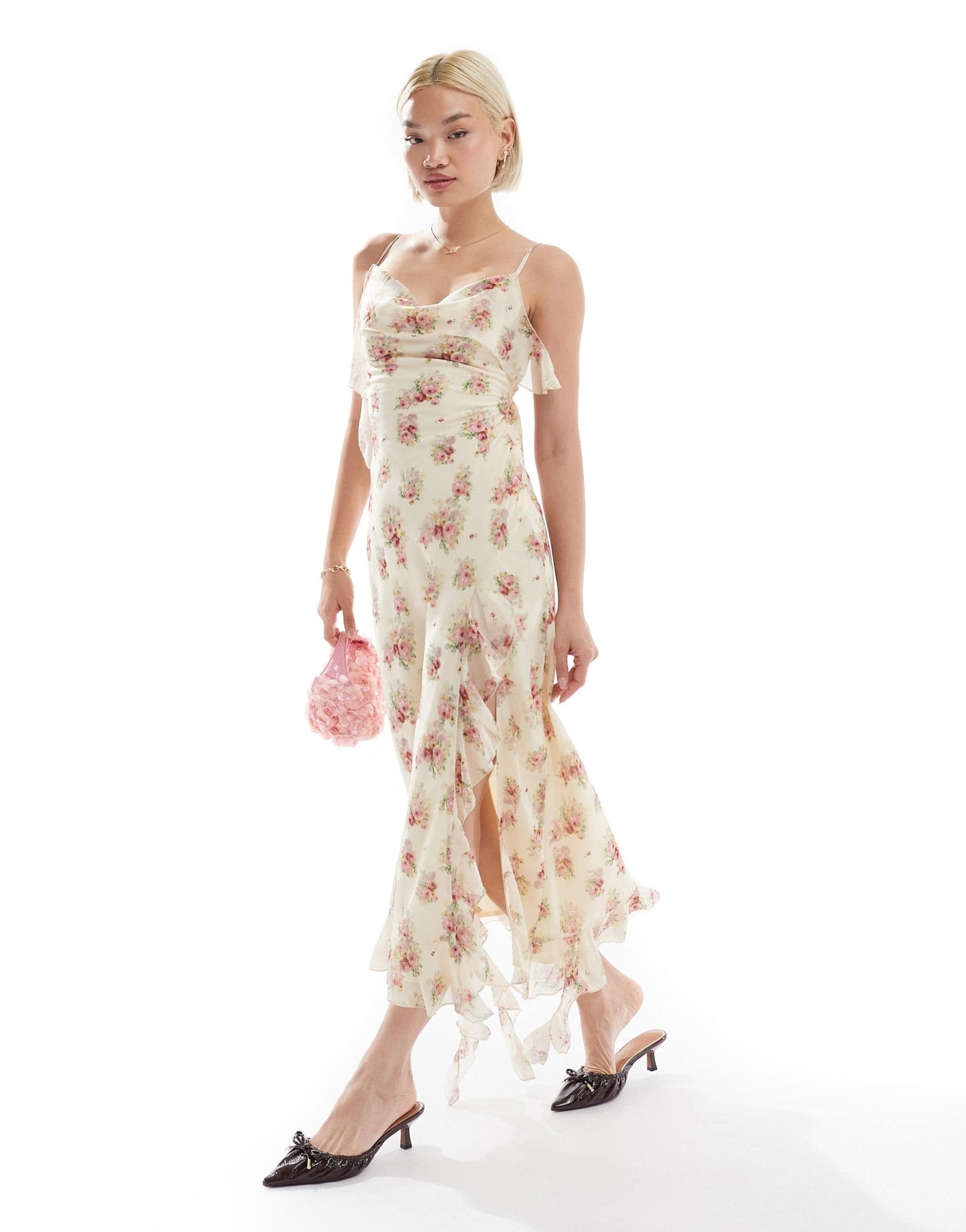 Love Triangle ruffle maxi dress with open back in cream floral - ASOS Sample Sale