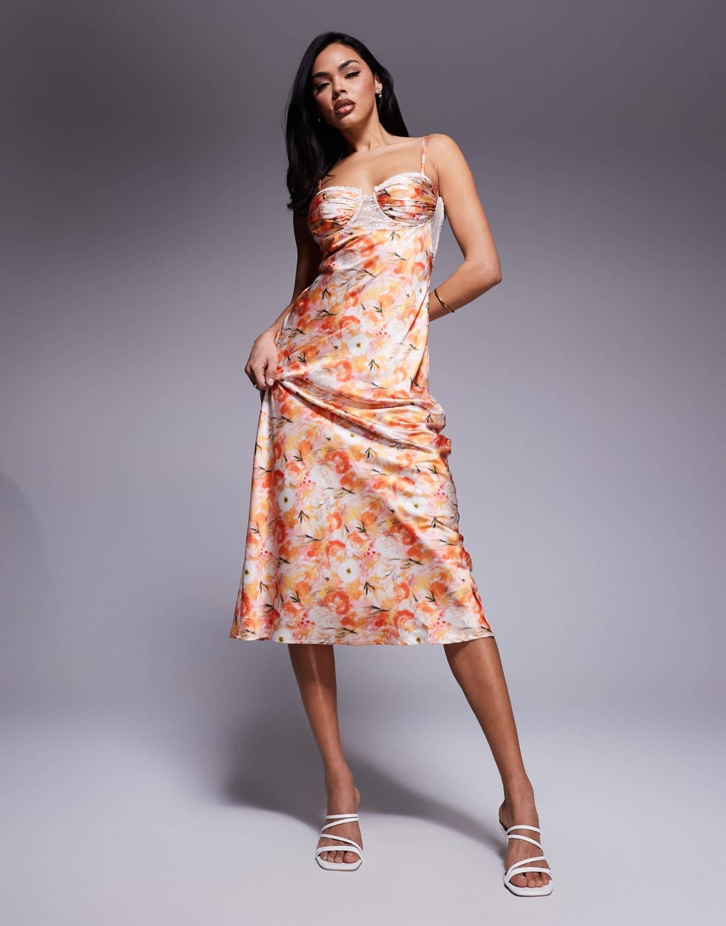 Love Triangle satin maxi dress with lace trim cups in coral print - ASOS Sample Sale