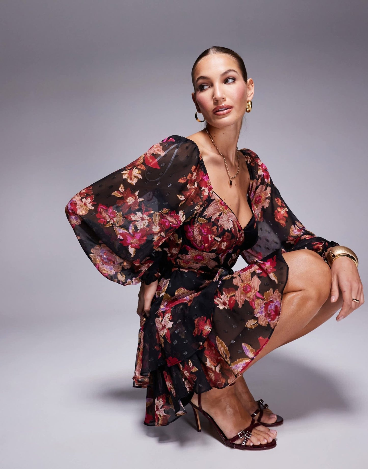 Lulus balloon sleeve mini dress in black floral - ASOS Sample Sale