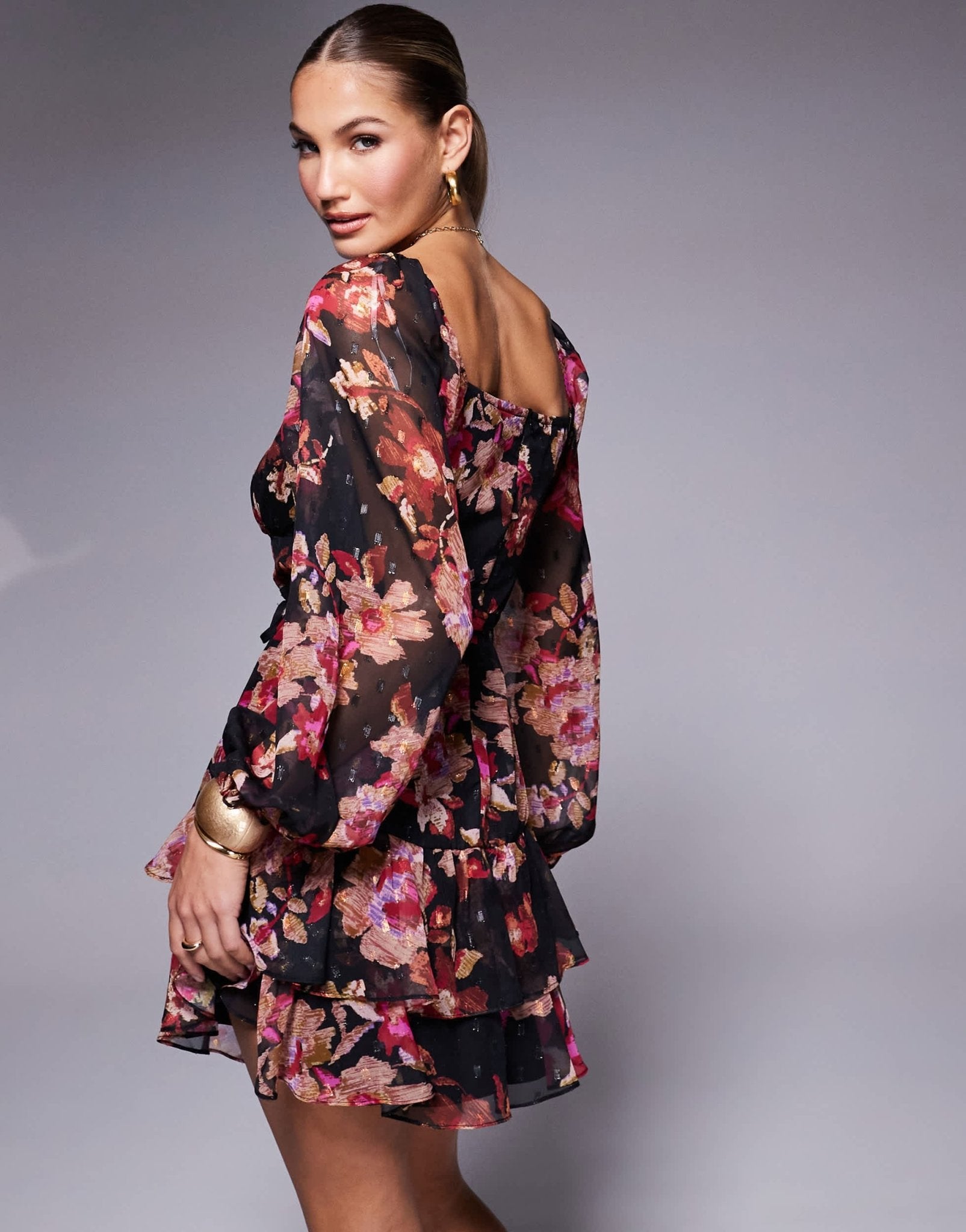 Lulus balloon sleeve mini dress in black floral - ASOS Sample Sale