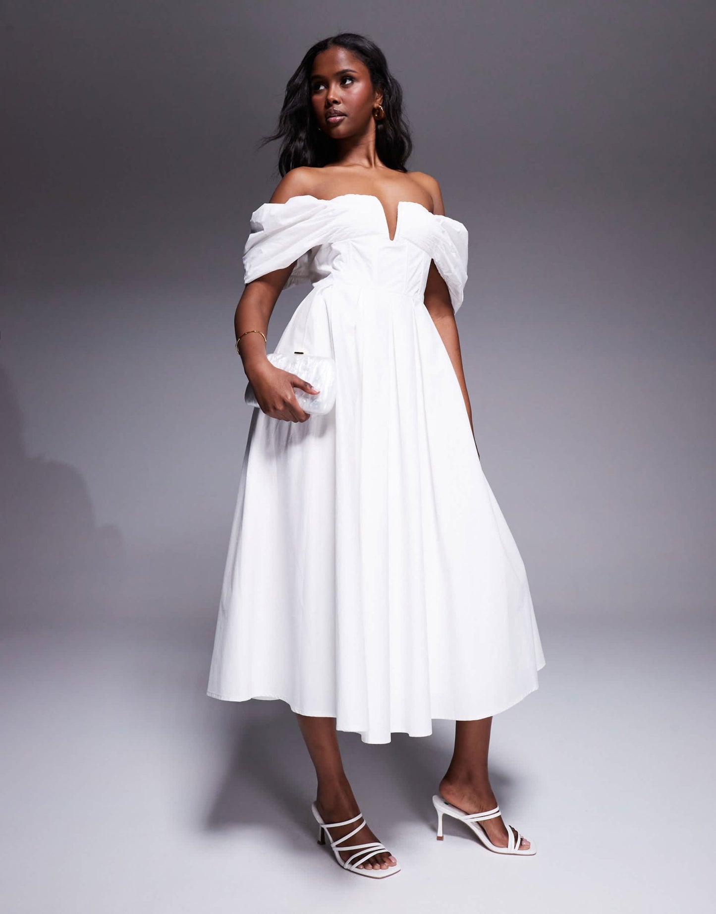 Lulu's bardot cotton poplin midi dress in ivory - ASOS Sample Sale