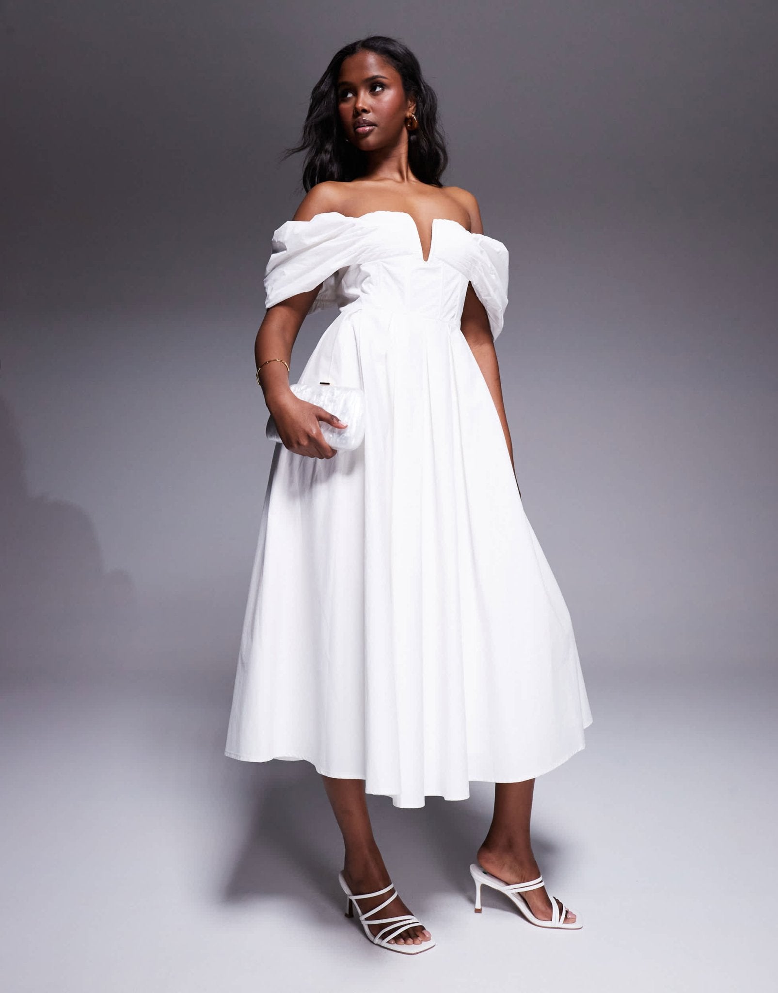 Lulu's bardot cotton poplin midi dress in ivory - ASOS Sample Sale