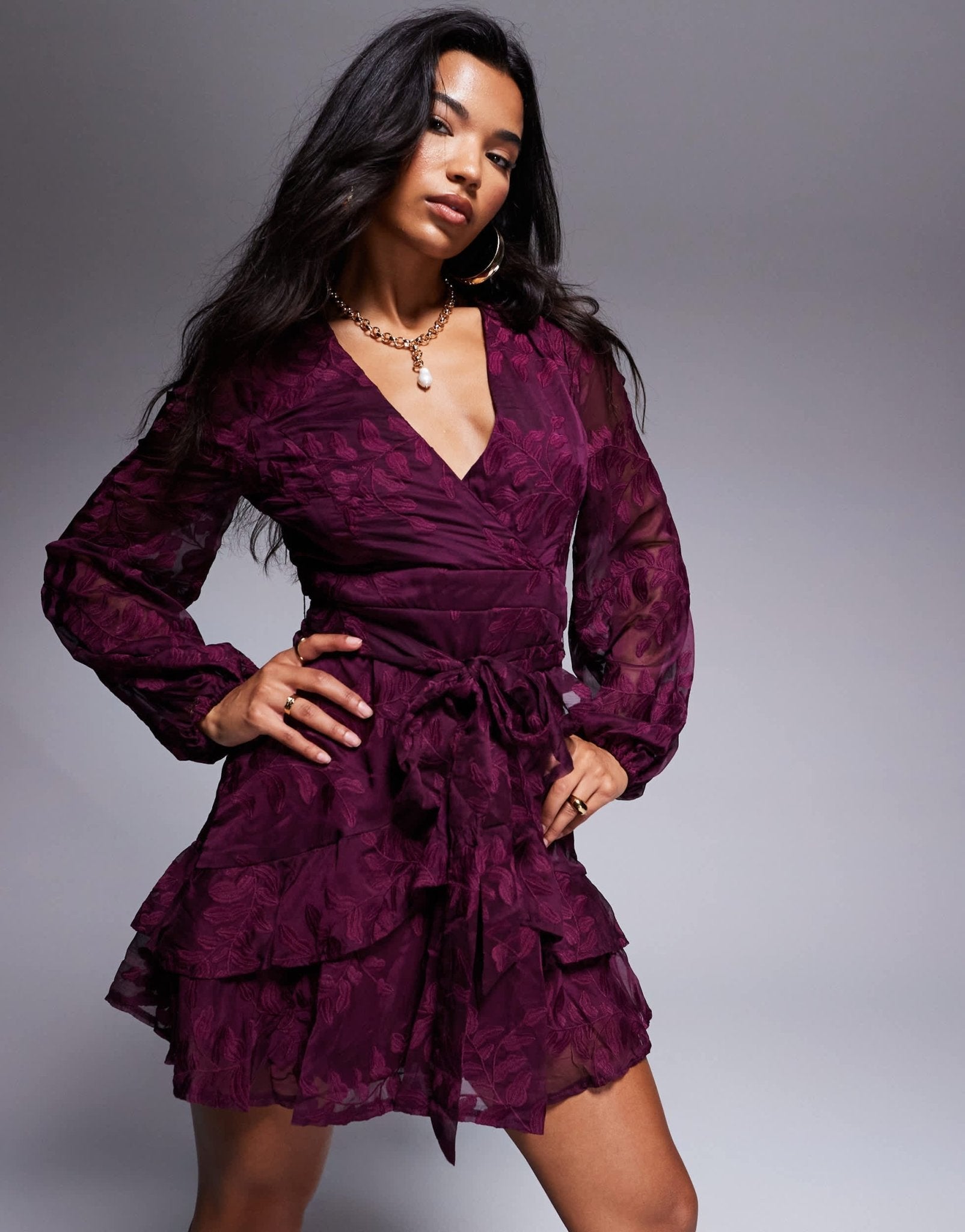Lulus embroidered mini dress in burgundy - ASOS Sample Sale