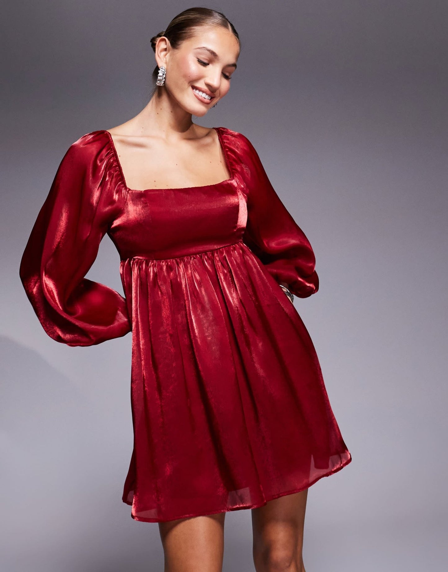 Lulus long sleeve babydoll mini dress in red - ASOS Sample Sale