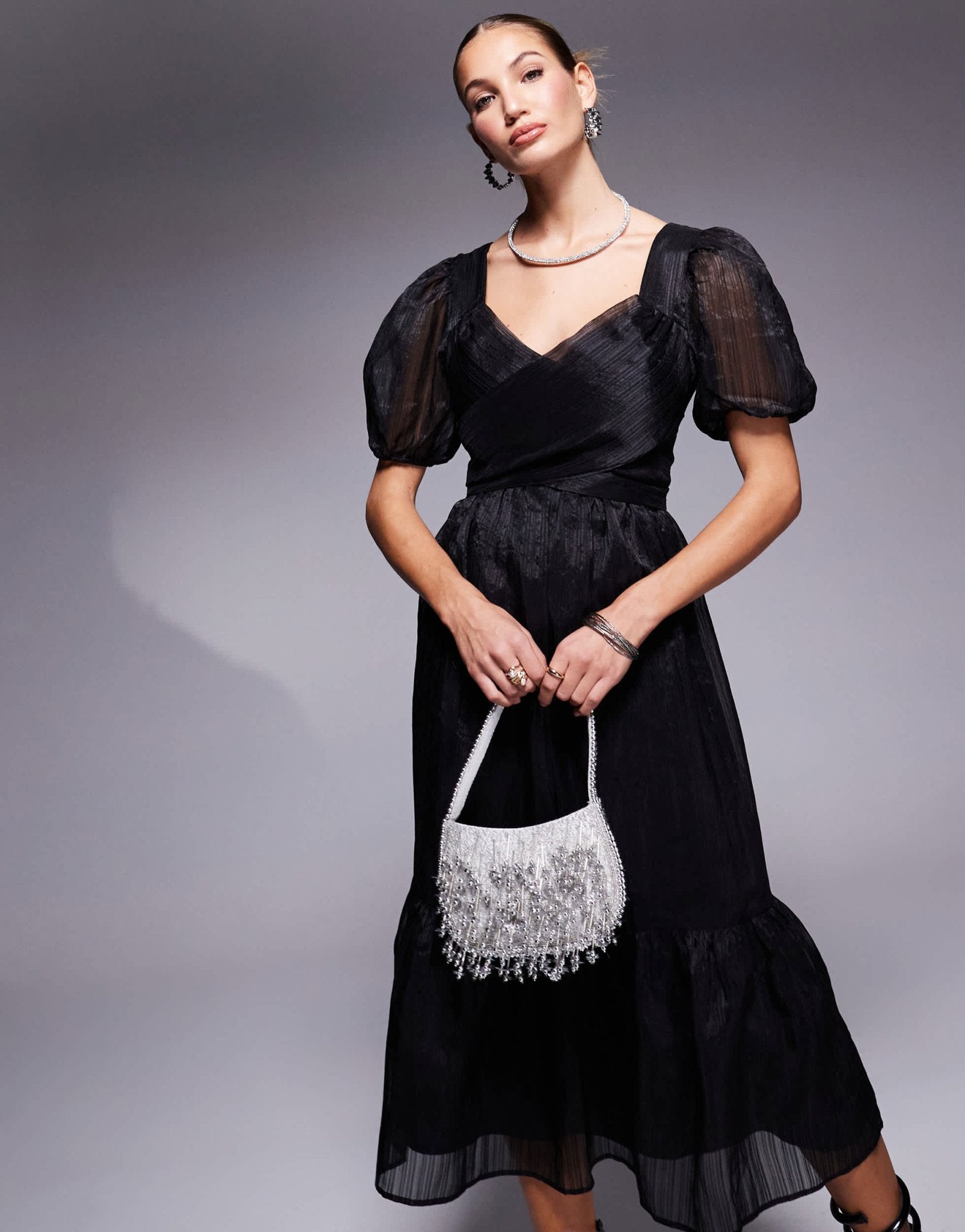 Lulus puff sleeve midi tea dress in black - ASOS Sample Sale