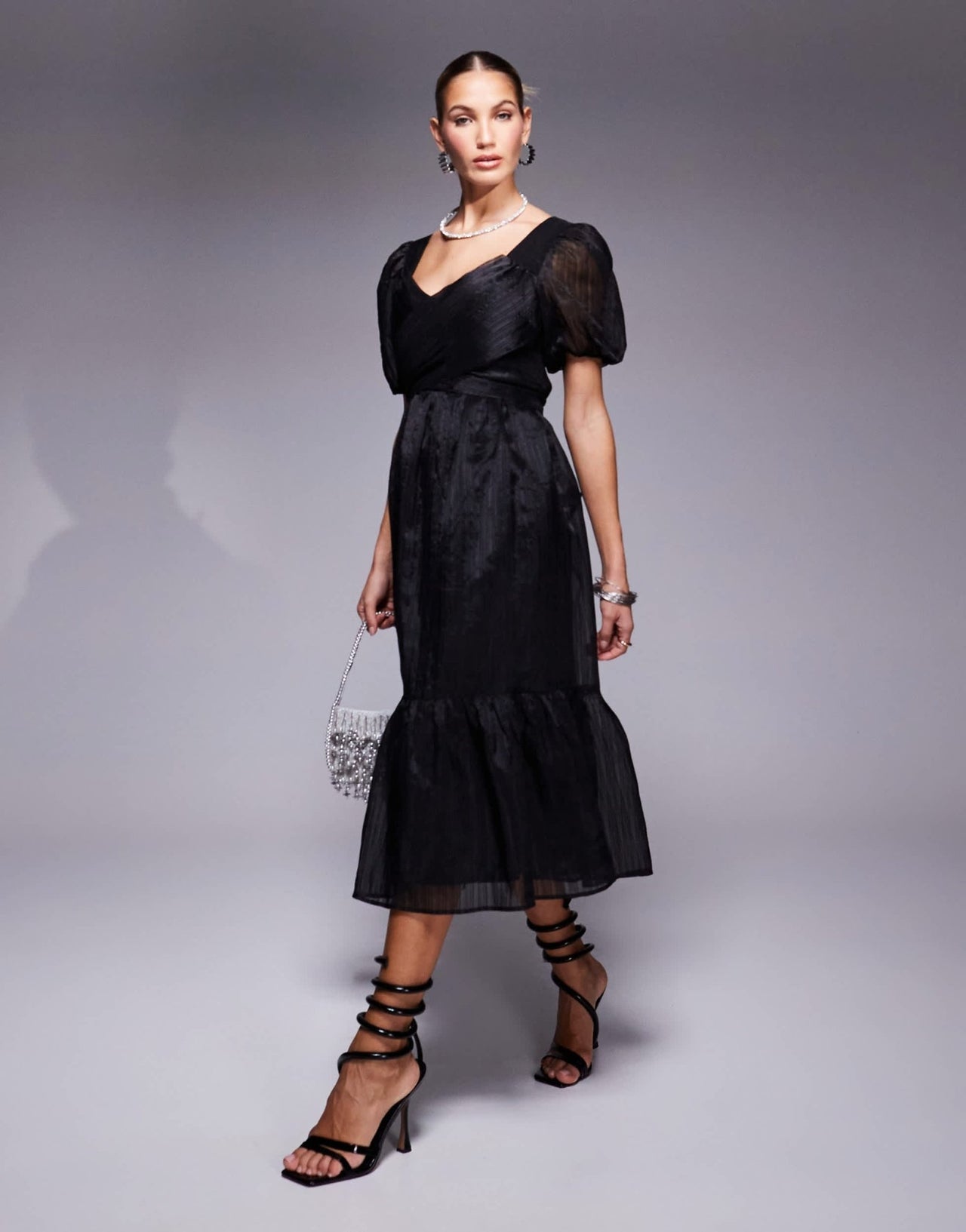 Lulus puff sleeve midi tea dress in black - ASOS Sample Sale