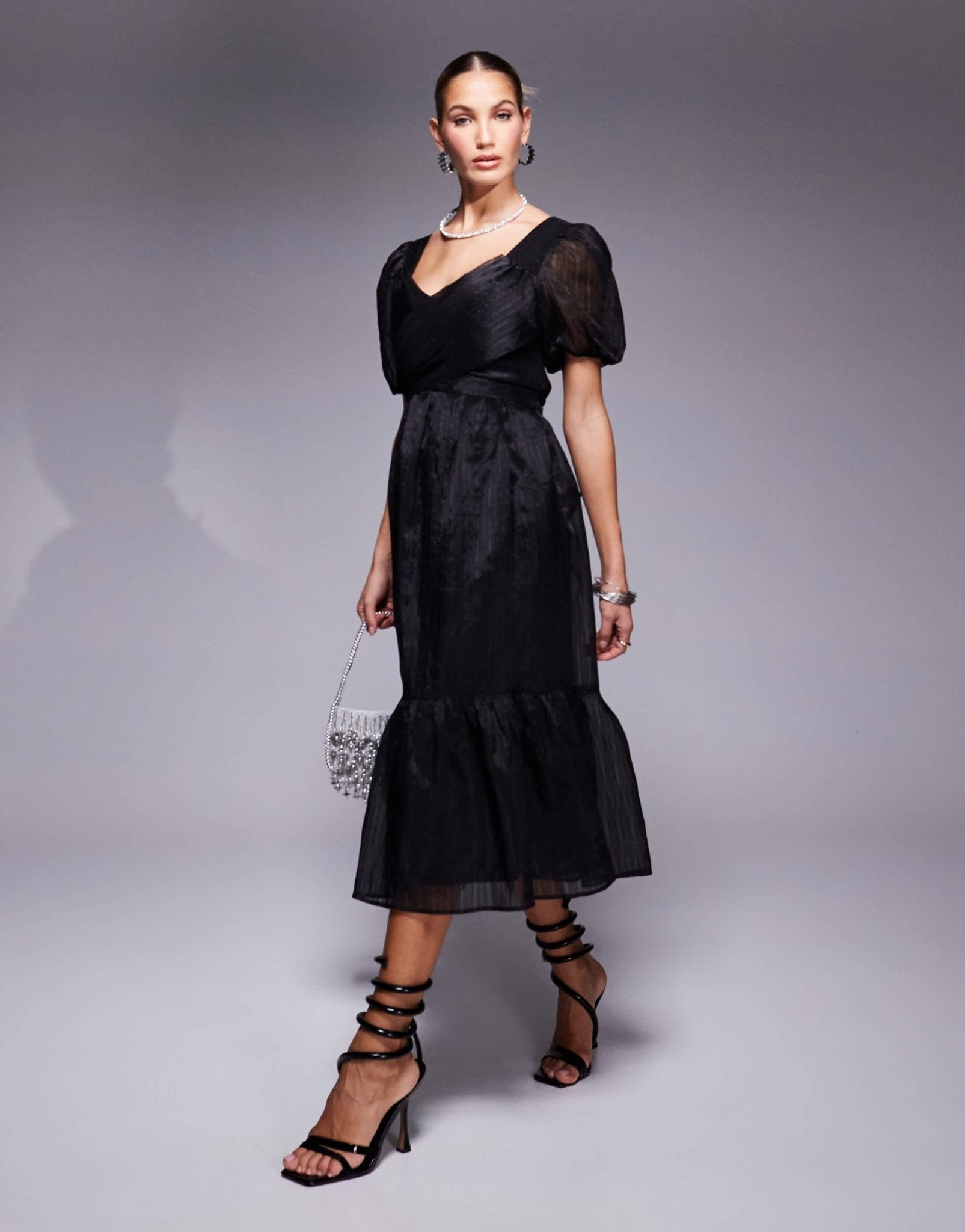 Lulus puff sleeve midi tea dress in black - ASOS Sample Sale