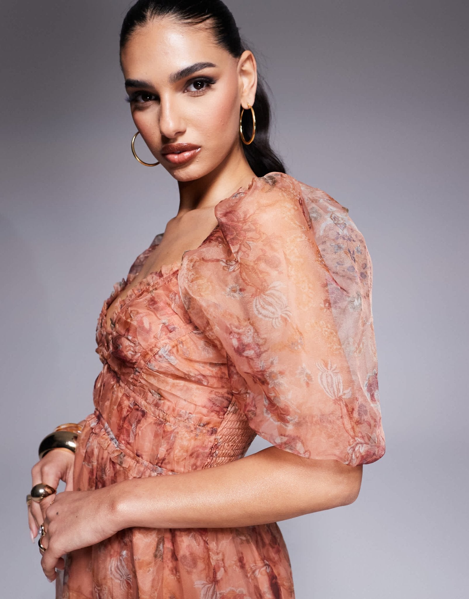 Lulus sheer sleeve organza maxi dress in rusty rose floral - ASOS Sample Sale