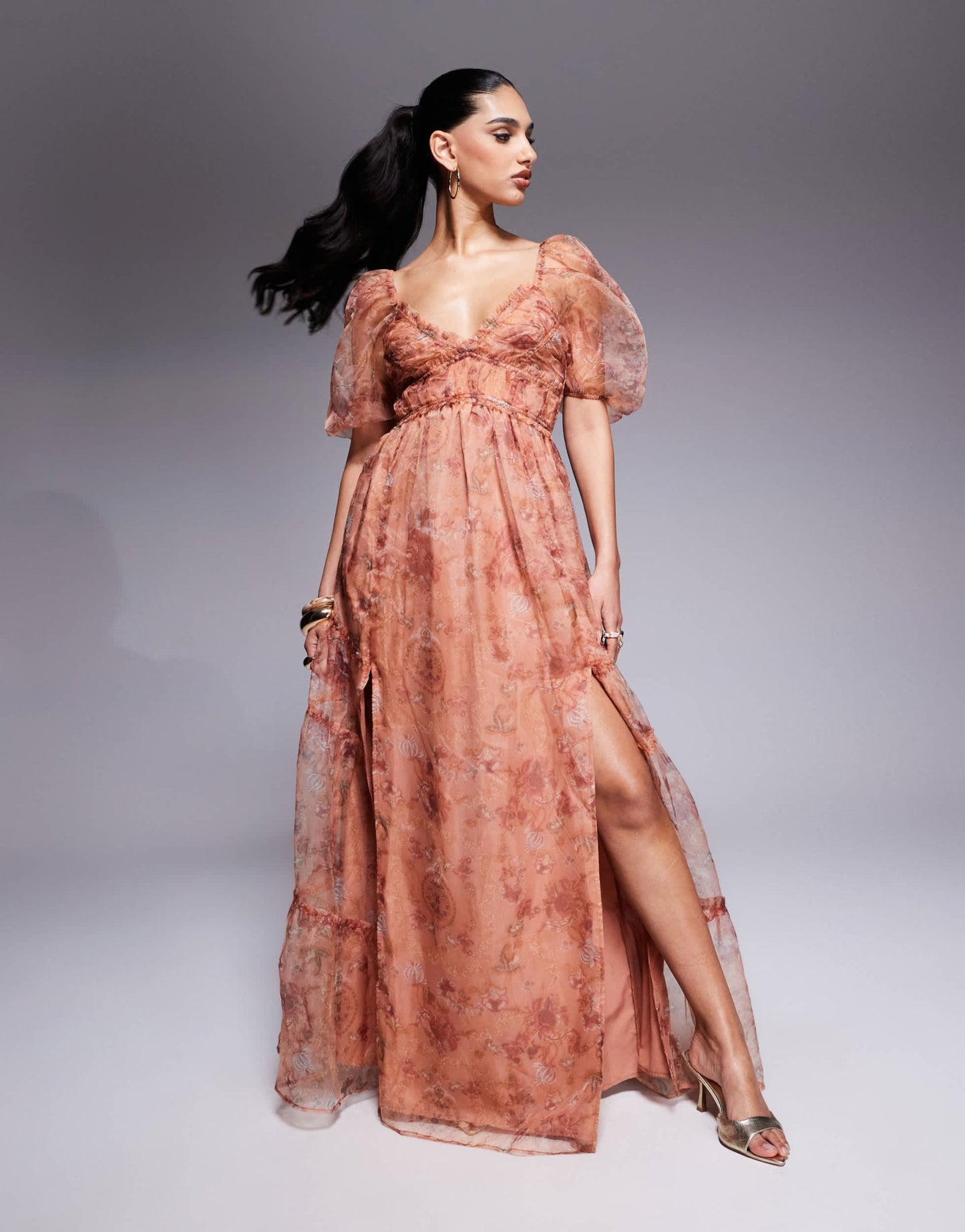 Lulus sheer sleeve organza maxi dress in rusty rose floral - ASOS Sample Sale