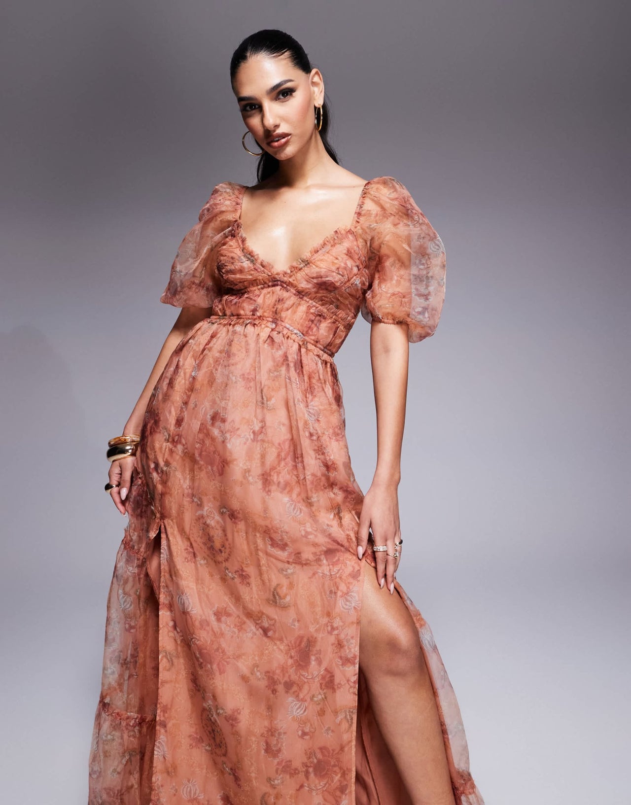 Lulus sheer sleeve organza maxi dress in rusty rose floral - ASOS Sample Sale
