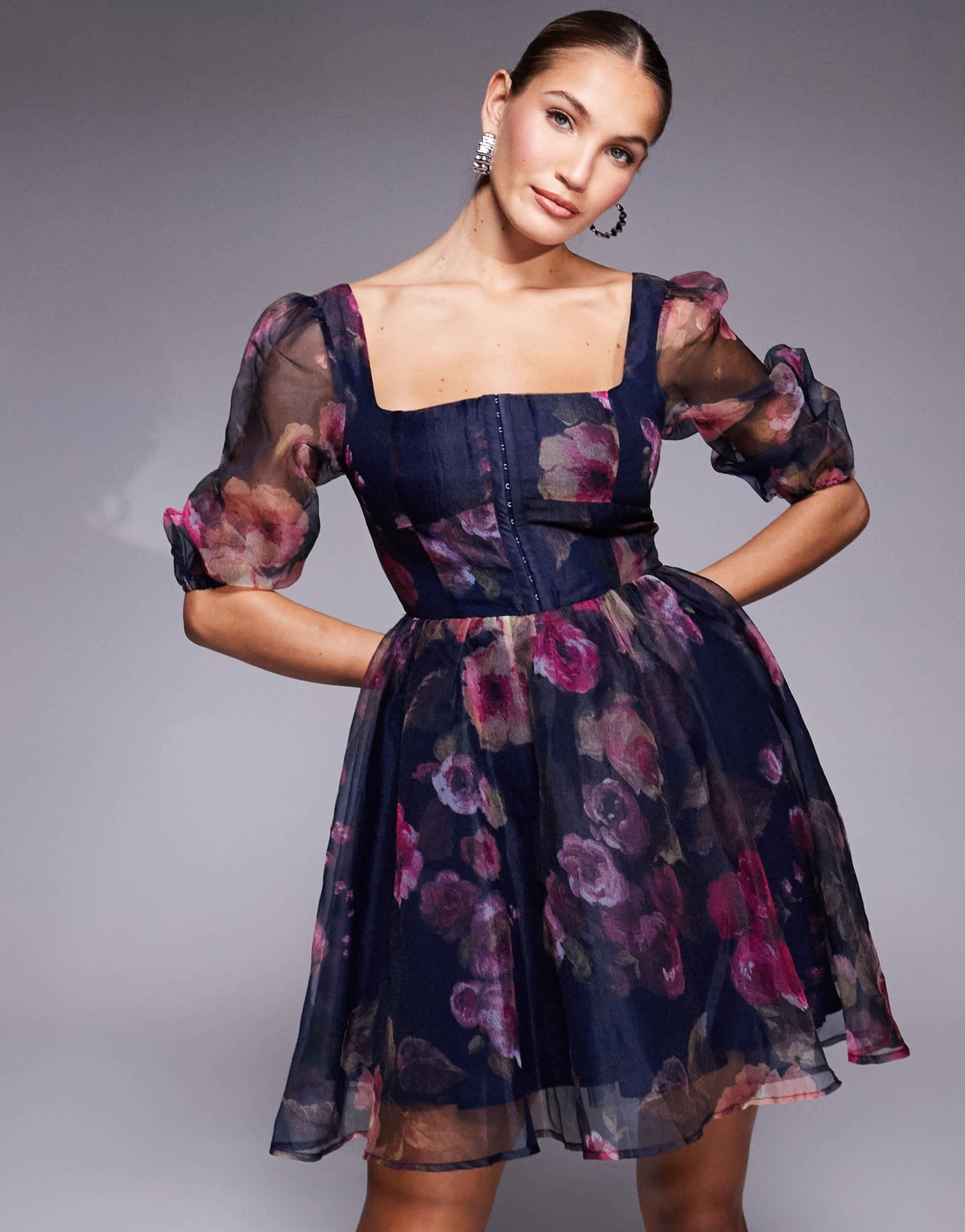 Lulus sheer sleeve organza mini dress in plum floral - ASOS Sample Sale