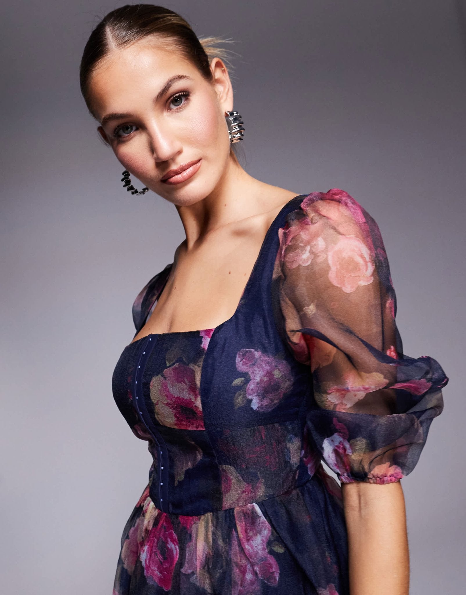 Lulus sheer sleeve organza mini dress in plum floral - ASOS Sample Sale