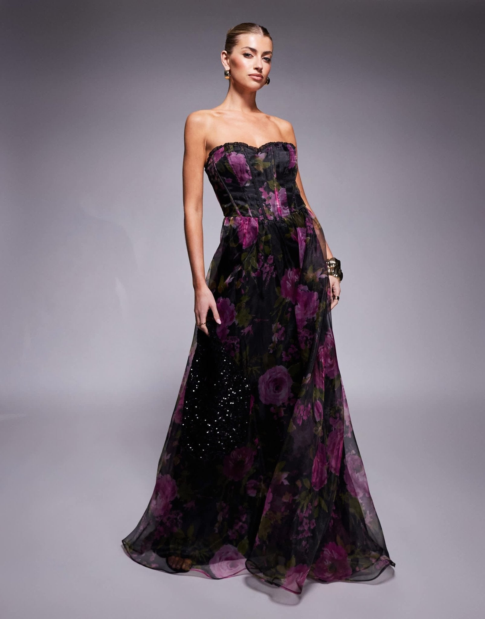 Lulu's strapless corset maxi dress in black and fuchsia floral - ASOS Sample Sale