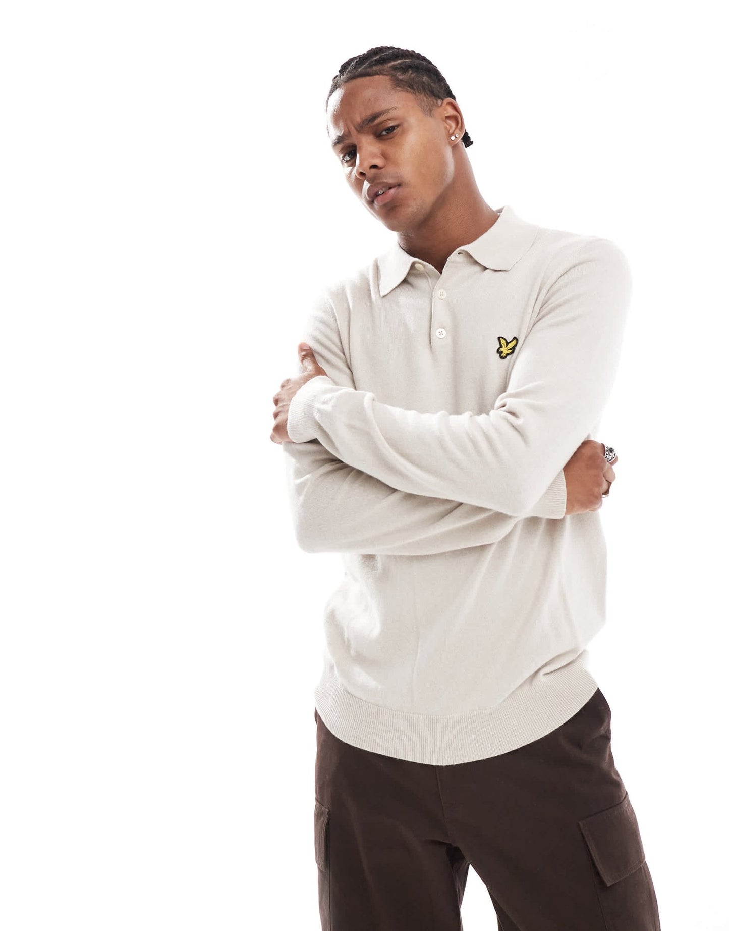 Lyle & Scott Merino long sleeve knitted polo in stone - ASOS Sample Sale