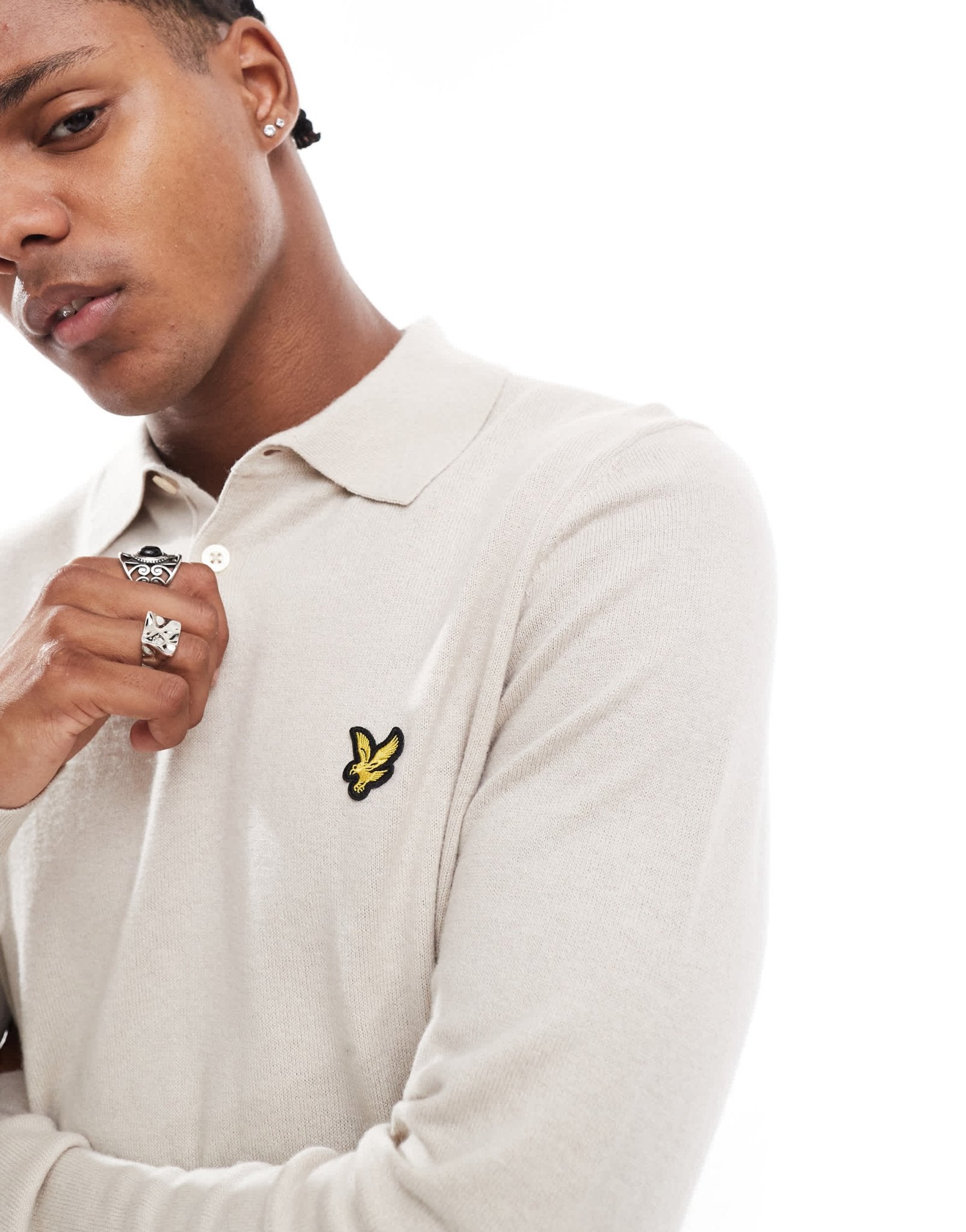 Lyle & Scott Merino long sleeve knitted polo in stone - ASOS Sample Sale