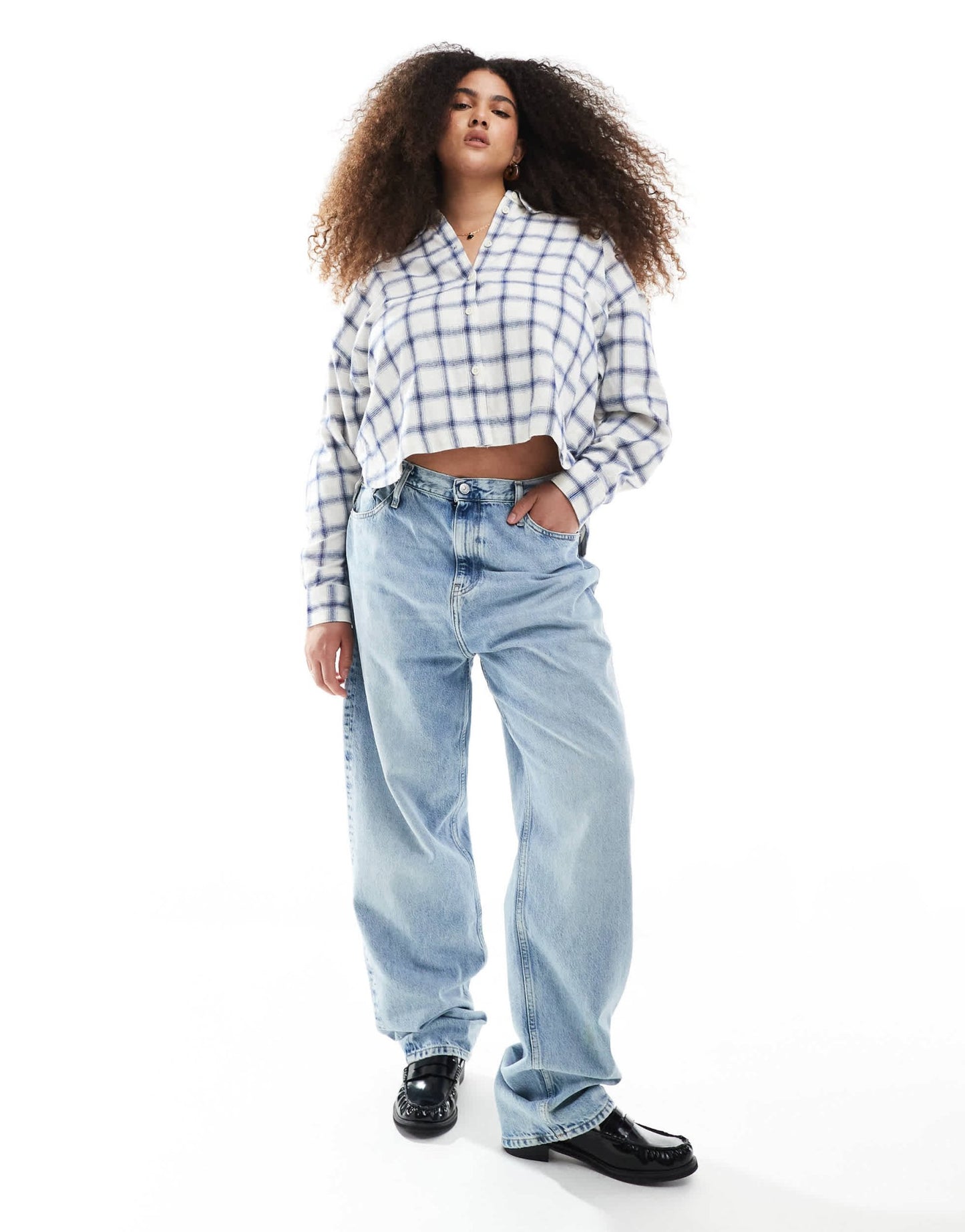 Madewell Plus cropped long sleeve shirt in royal blue and cream check - ASOS Sample Sale