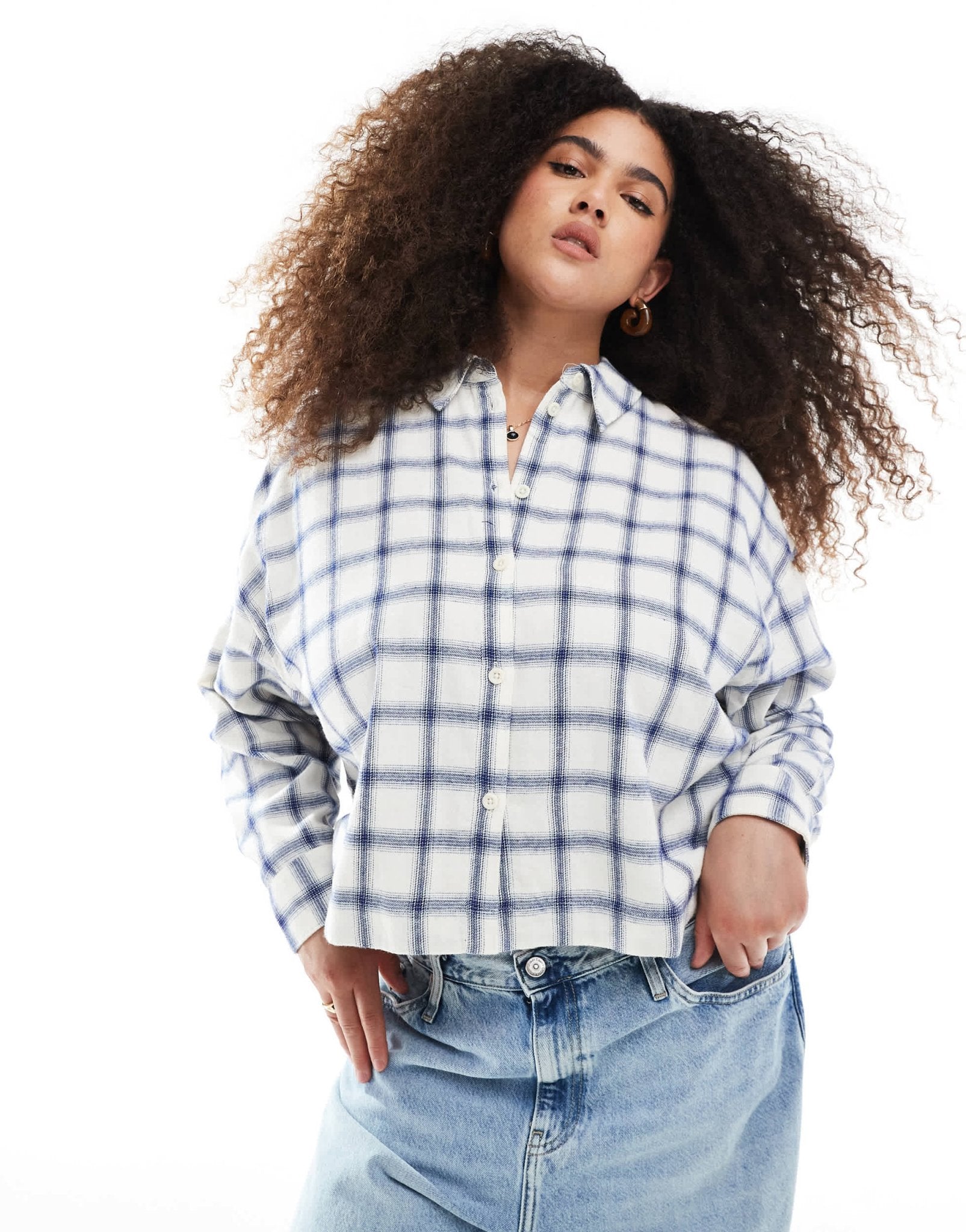 Madewell Plus cropped long sleeve shirt in royal blue and cream check - ASOS Sample Sale