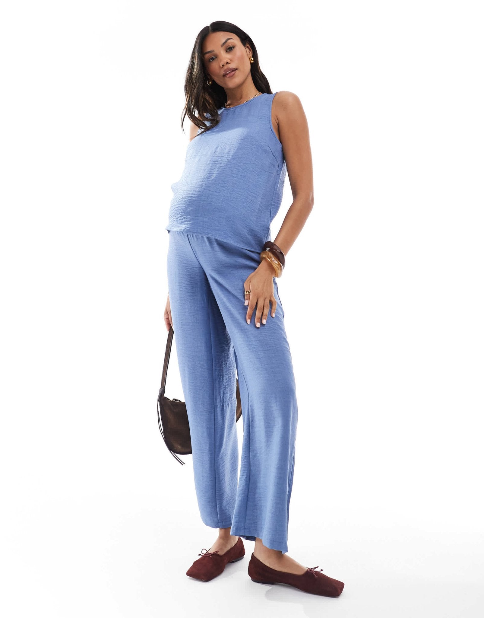Mamalicious crinkle textured wide leg trouser co-ord in blue - ASOS Sample Sale