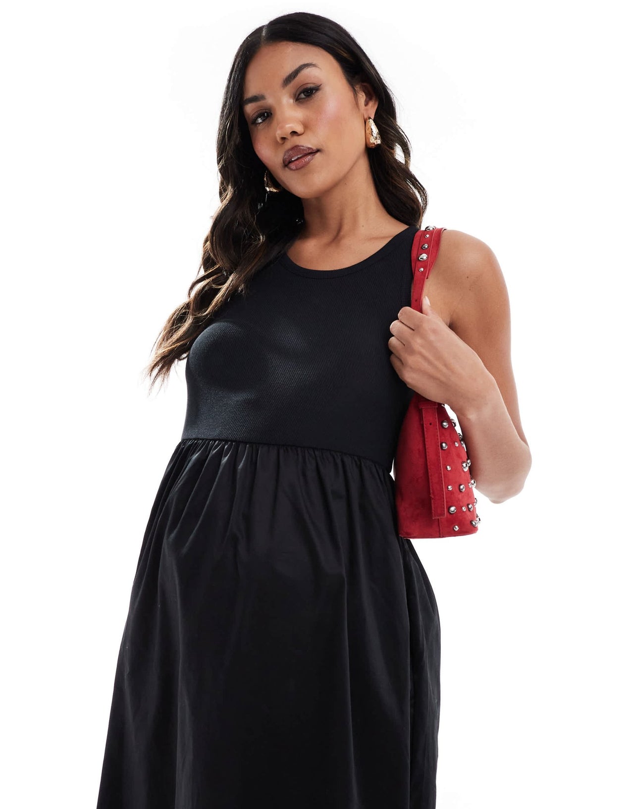 Mamalicious jersey top and poplin skirt detail midi dress in black - ASOS Sample Sale