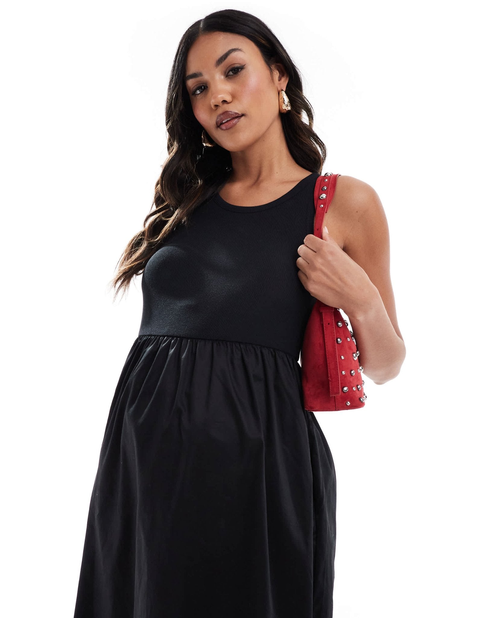 Mamalicious jersey top and poplin skirt detail midi dress in black - ASOS Sample Sale