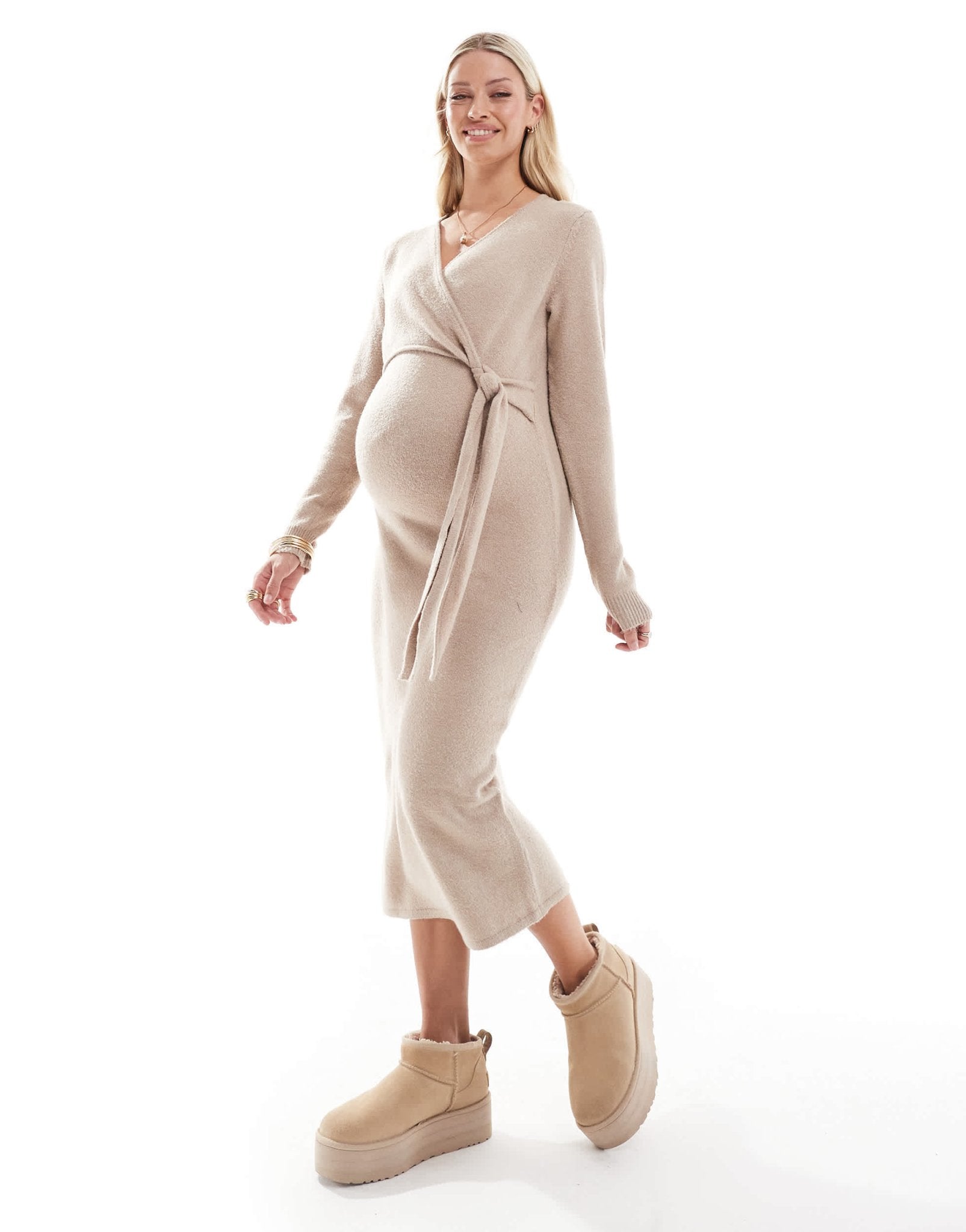 Mamalicious maternity knitted maxi dress with knot front in beige - ASOS Sample Sale