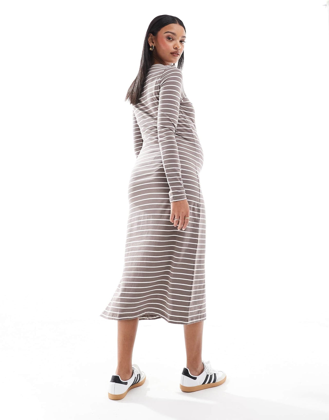 Mamalicious Maternity long sleeved jersey maxi dress in taupe stripe - ASOS Sample Sale