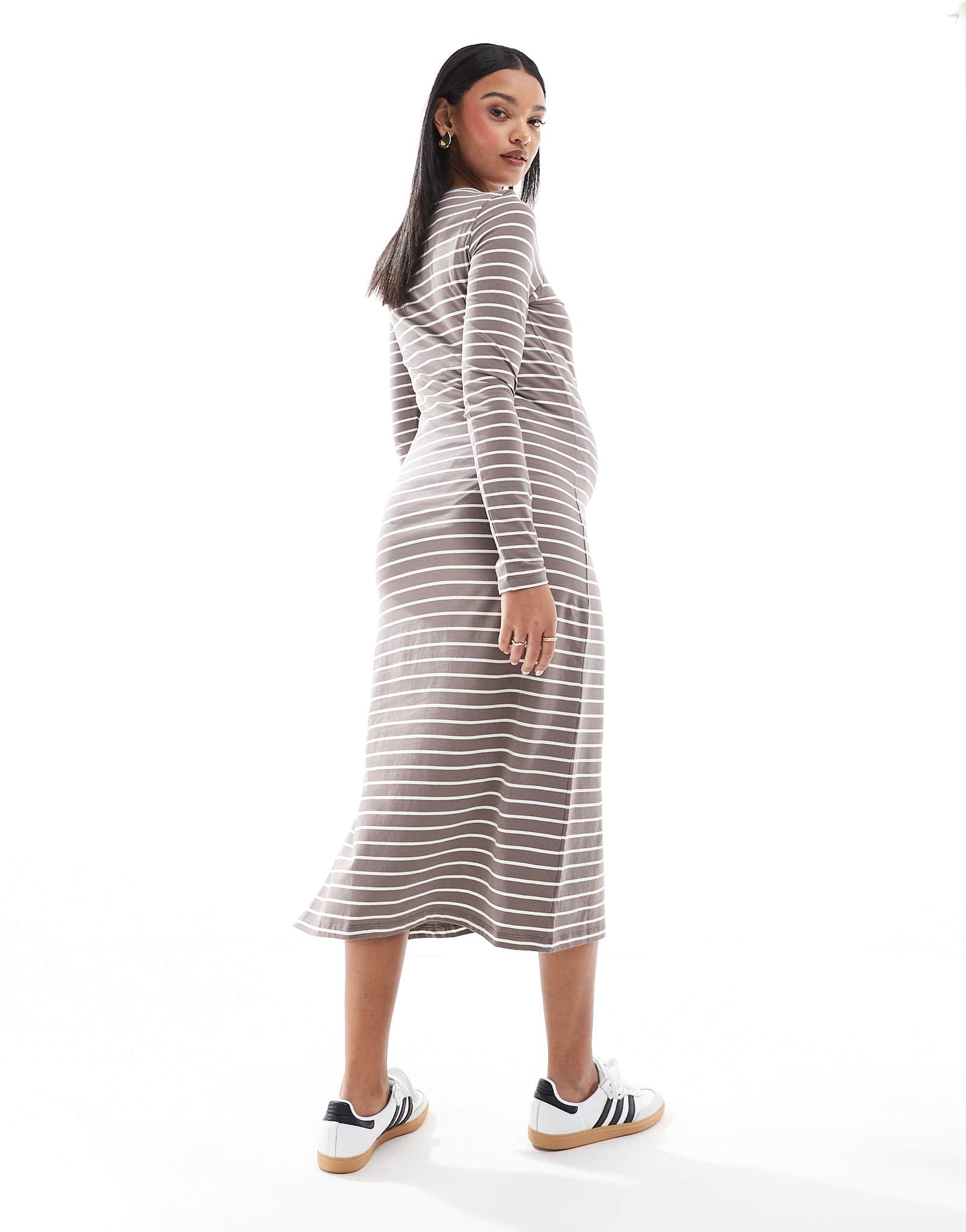 Mamalicious Maternity long sleeved jersey maxi dress in taupe stripe - ASOS Sample Sale