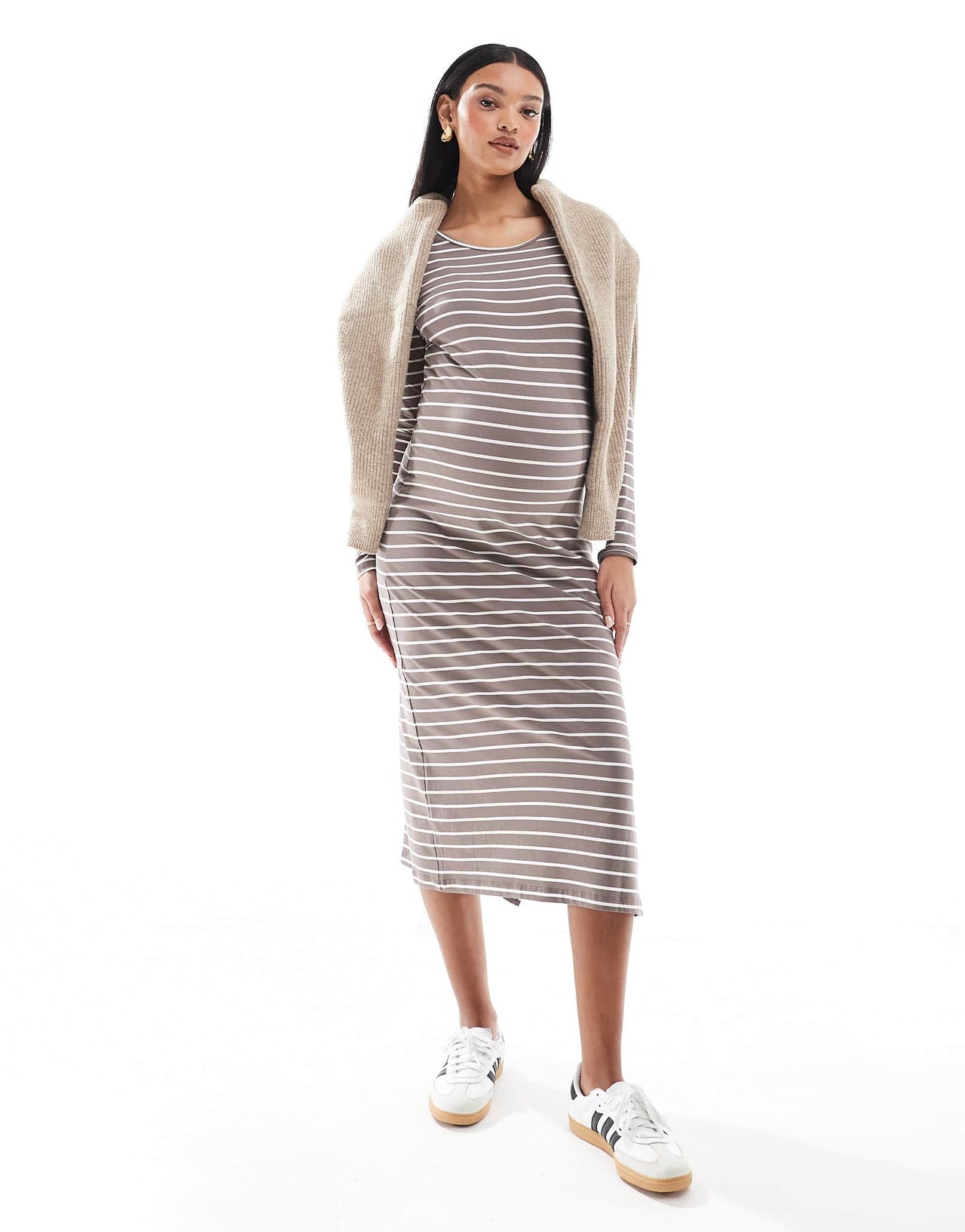 Mamalicious Maternity long sleeved jersey maxi dress in taupe stripe - ASOS Sample Sale
