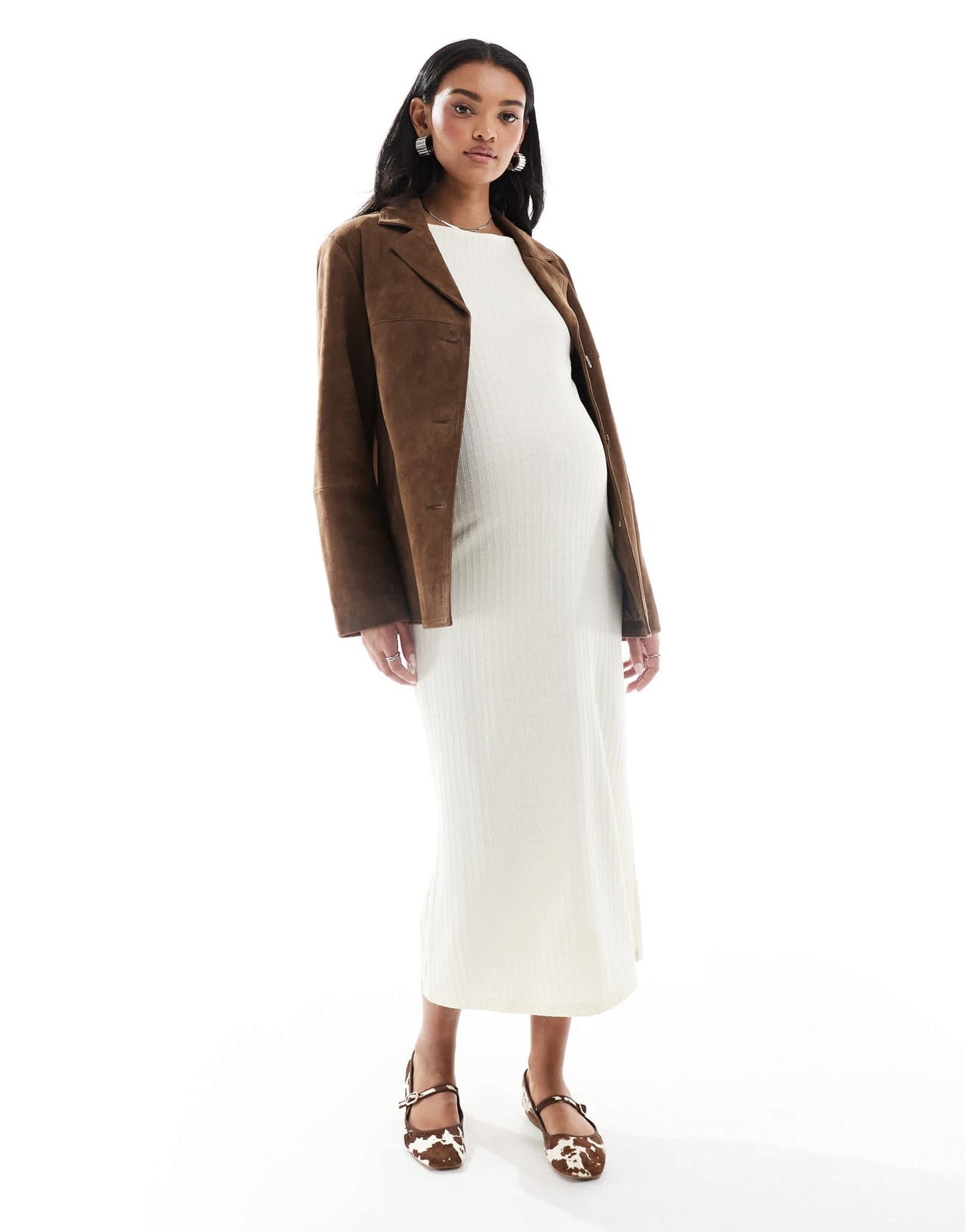 Mamalicious Maternity long sleeved ribbed jersey midi dress in cream - ASOS Sample Sale