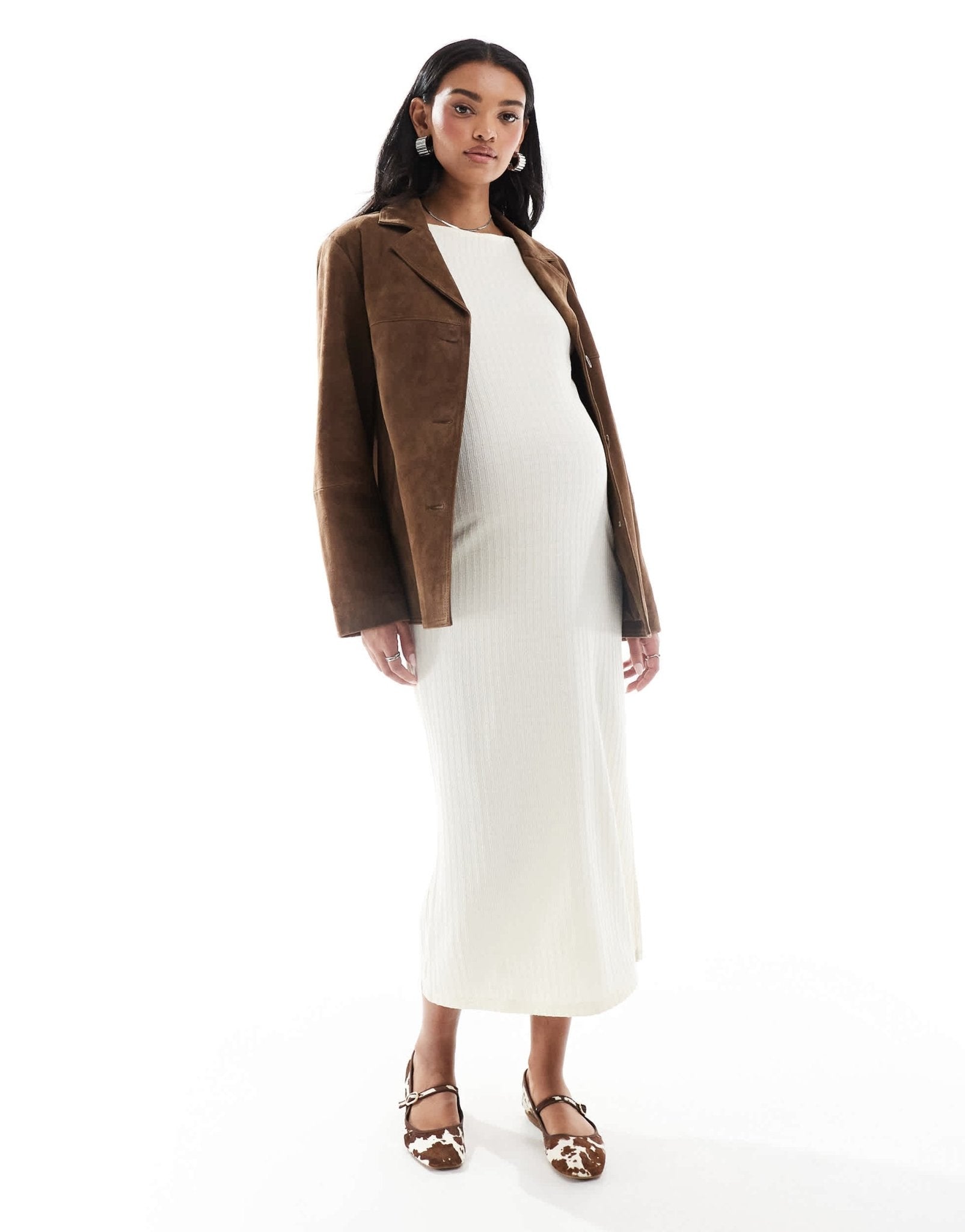 Mamalicious Maternity long sleeved ribbed jersey midi dress in cream - ASOS Sample Sale