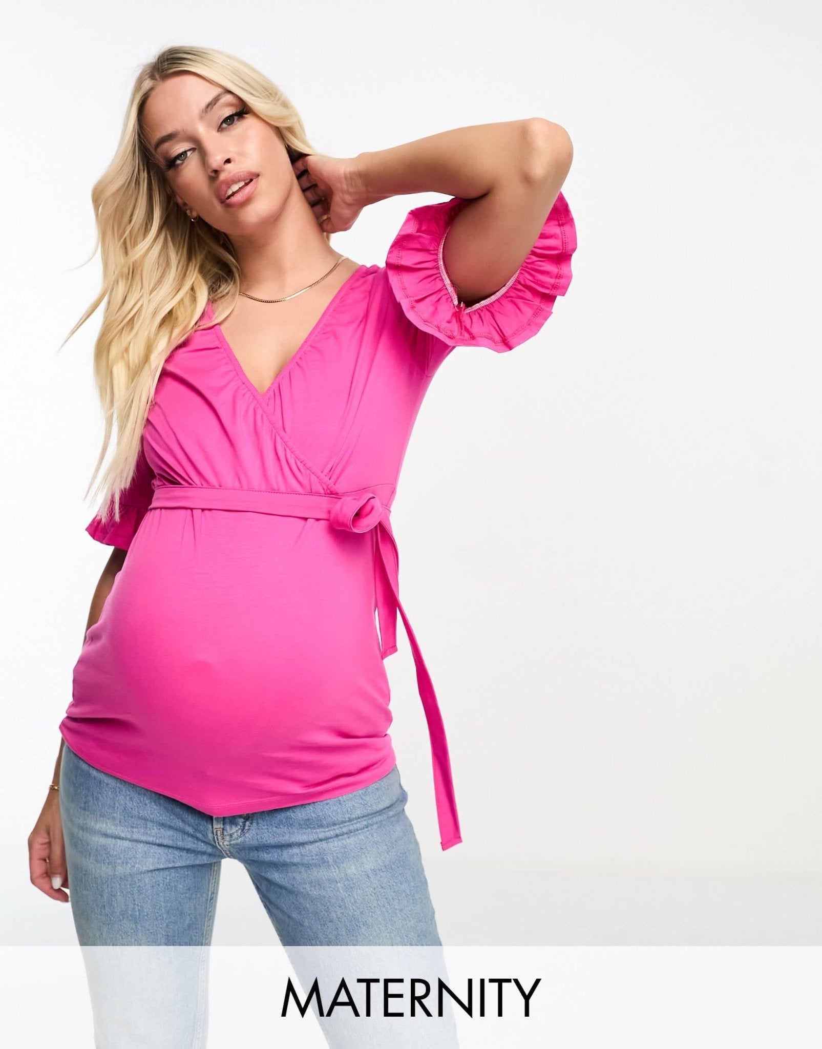Mamalicious Maternity short sleeve wrap top in pink - ASOS Sample Sale