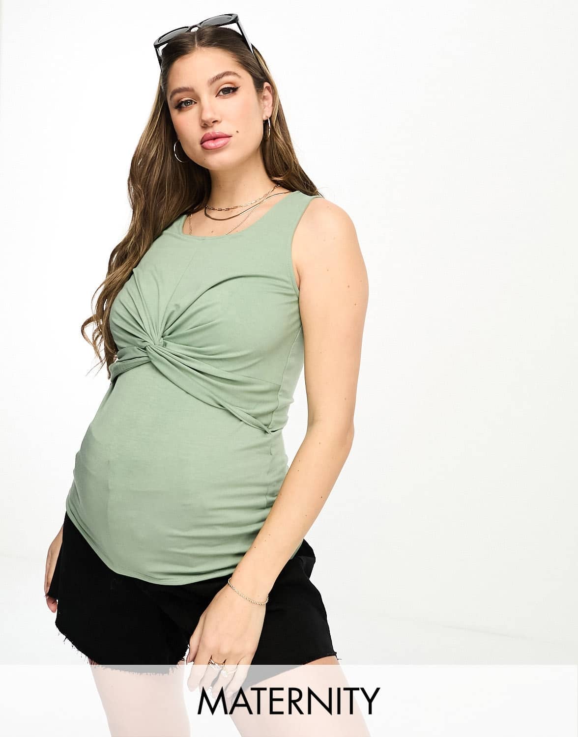 Mamalicious Maternity sleeveless t-shirt with ruched detail in green - ASOS Sample Sale