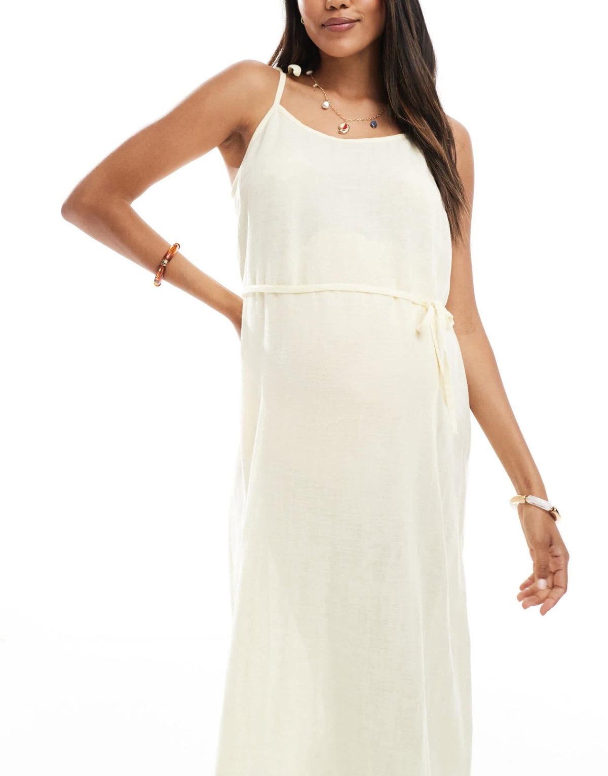Mamalicious Maternity textured strappy midi dress with tie waist in pale yellow - ASOS Sample Sale