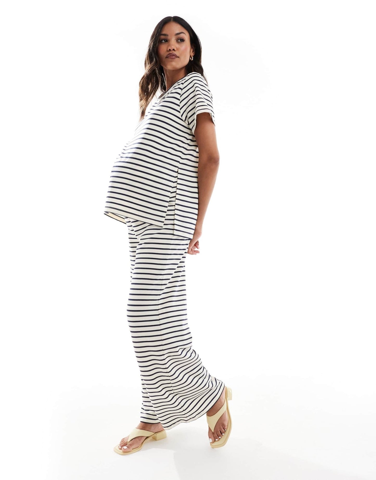 Mamalicious Maternity wide leg jersey trouser co-ord in cream and navy stripe - ASOS Sample Sale