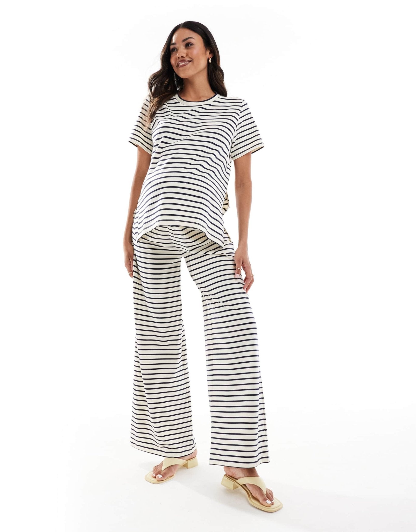 Mamalicious Maternity wide leg jersey trouser co-ord in cream and navy stripe - ASOS Sample Sale