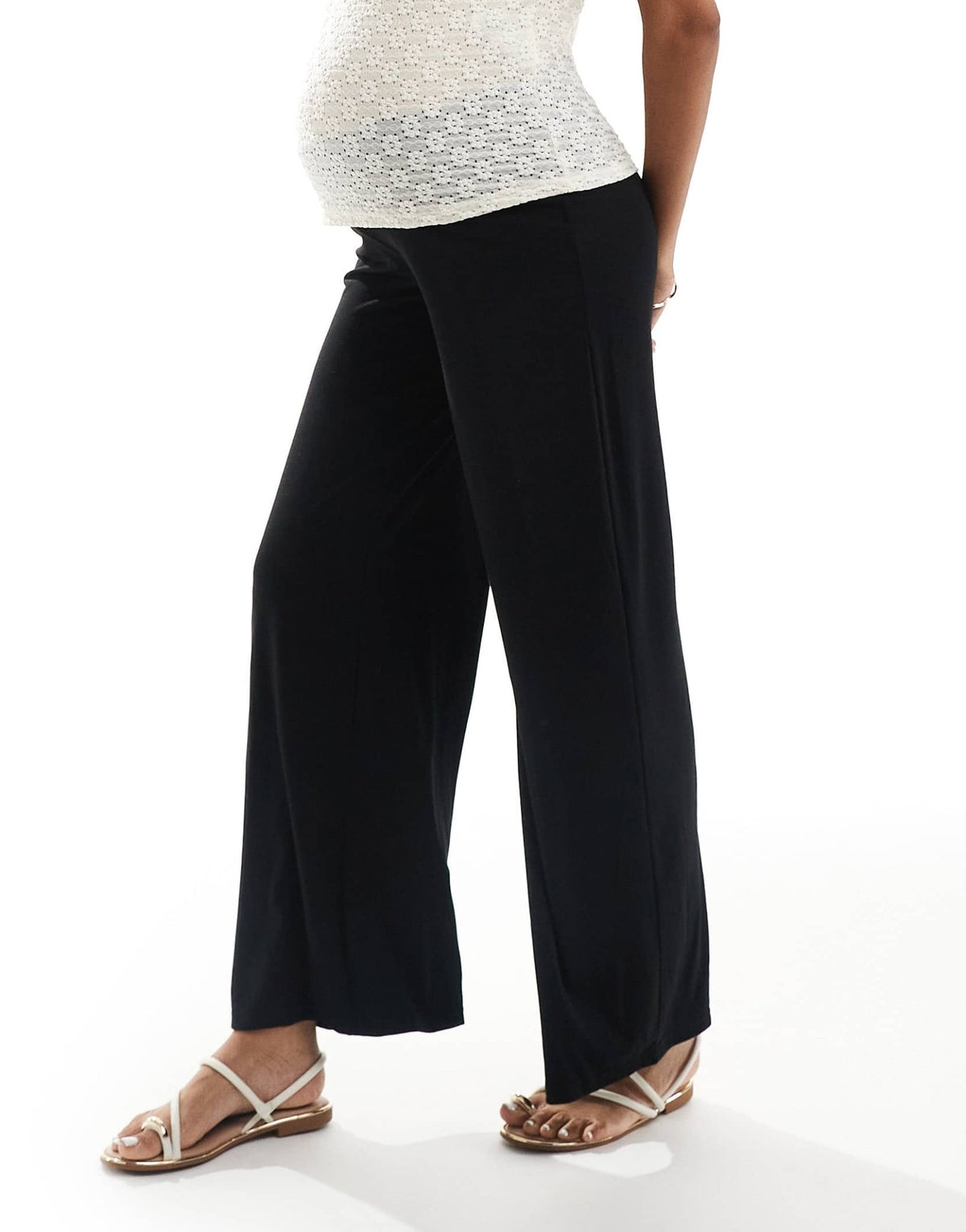 Mamalicious stretchy shirred under the bump waistband wide leg trouser in black - ASOS Sample Sale