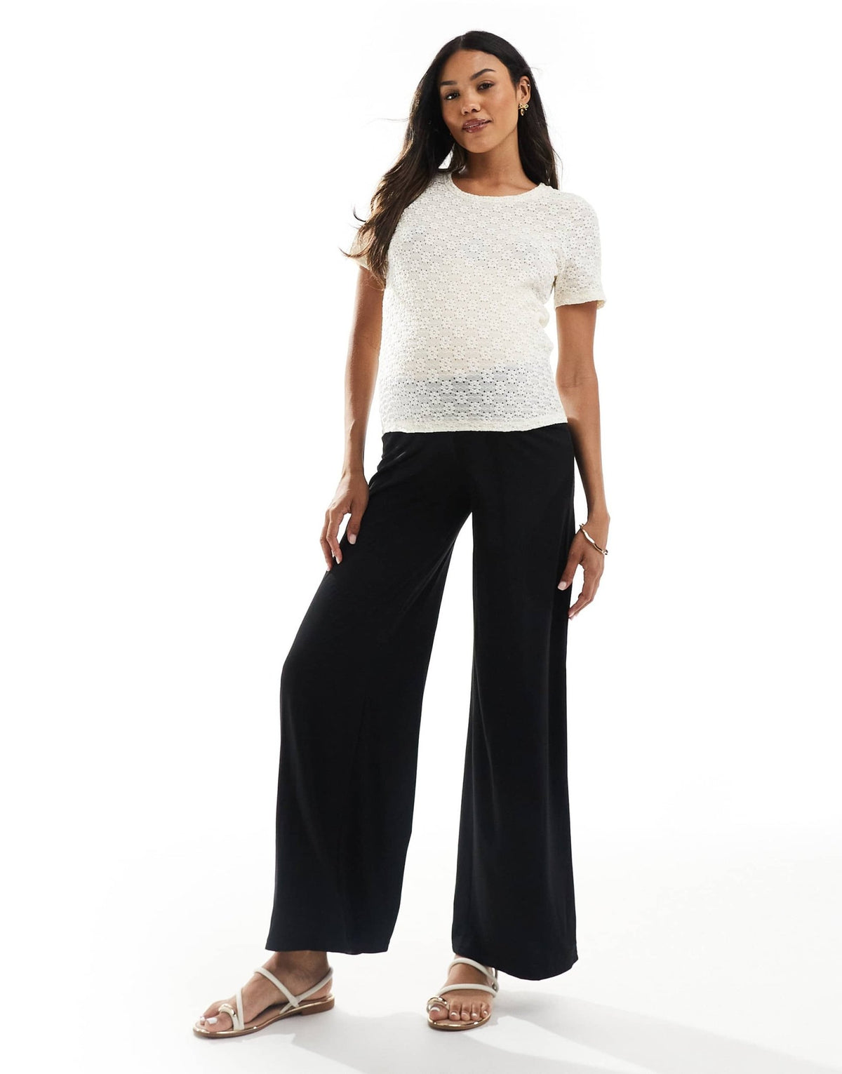 Mamalicious stretchy shirred under the bump waistband wide leg trouser in black - ASOS Sample Sale