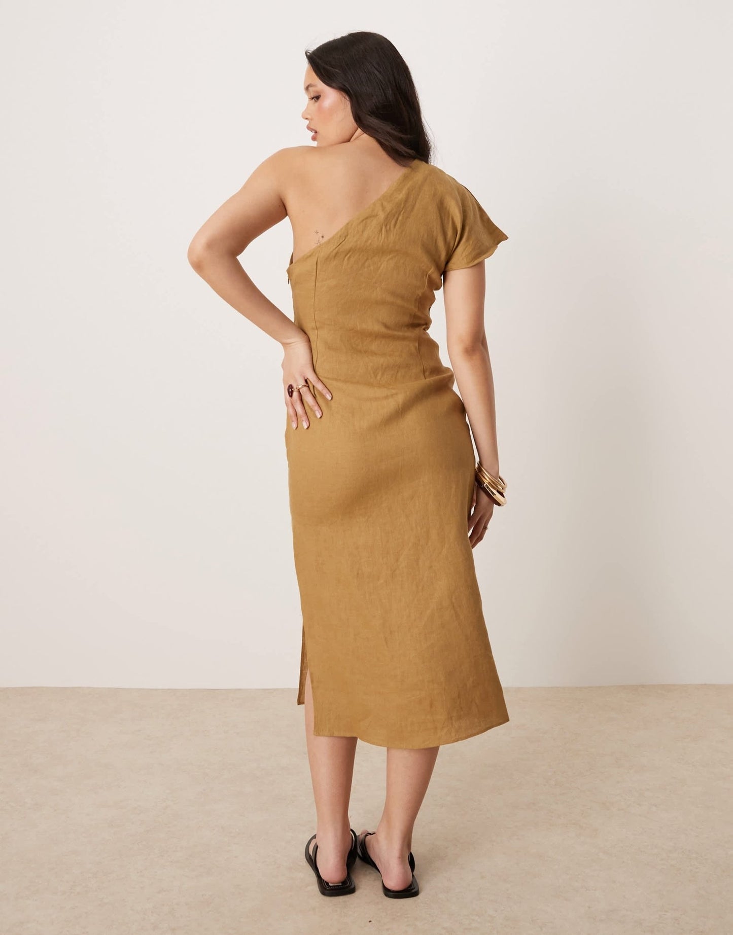 Mango 100% linen one shoulder midi dress with ruched waist in sand - ASOS Sample Sale